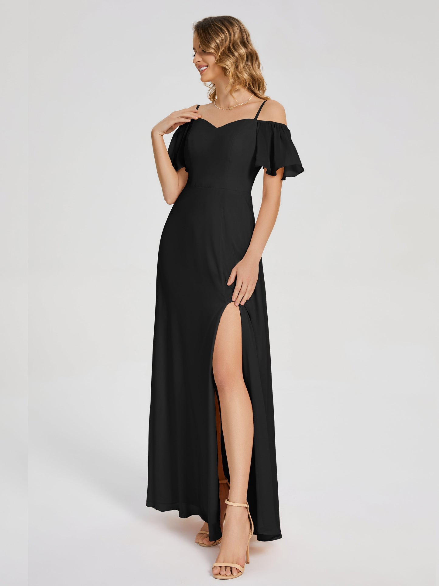 Adelaide A-line Off the Shoulder Chiffon Bridesmaid Dress with Silt