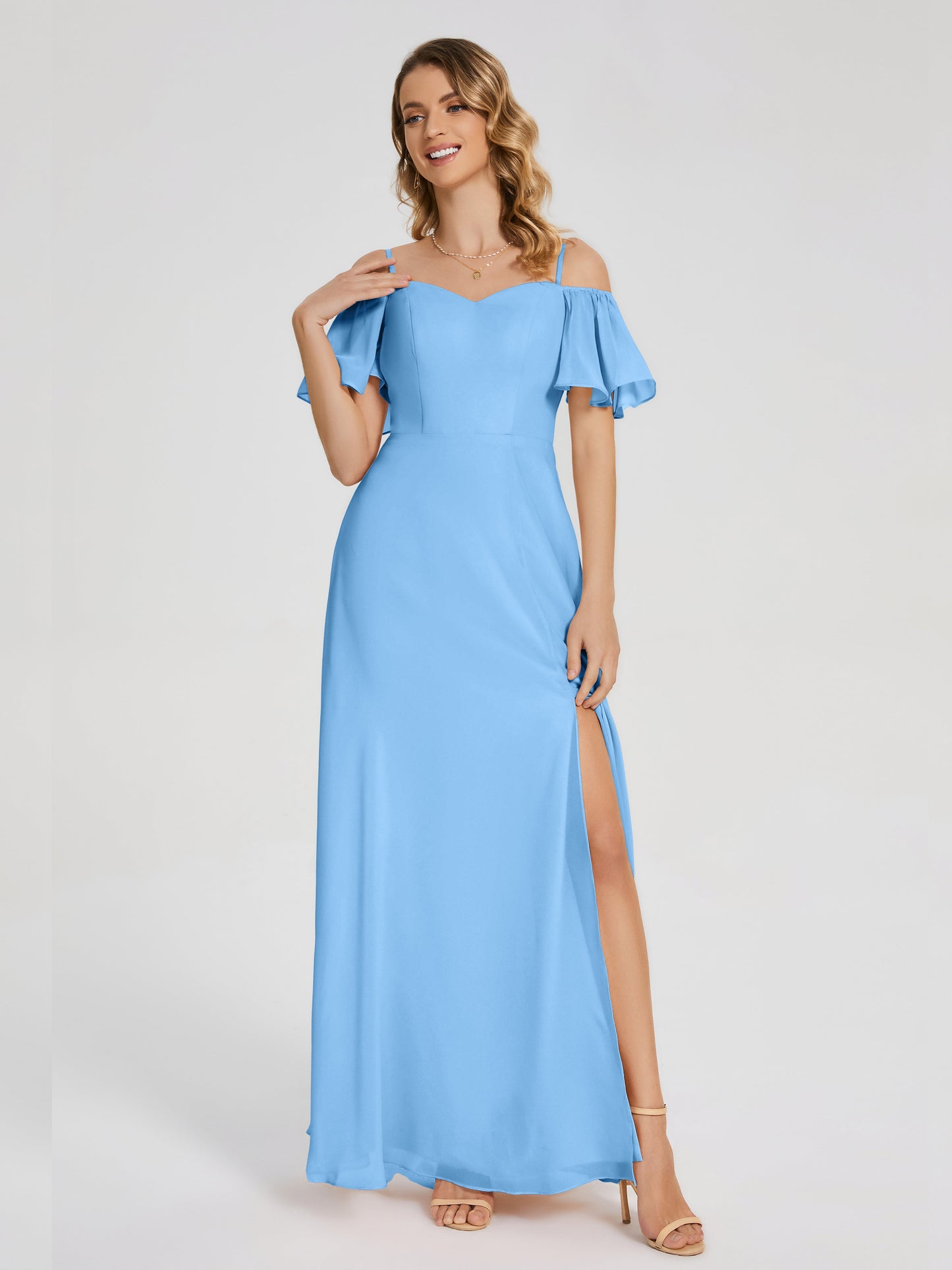 Adelaide A-line Off the Shoulder Chiffon Bridesmaid Dress with Silt