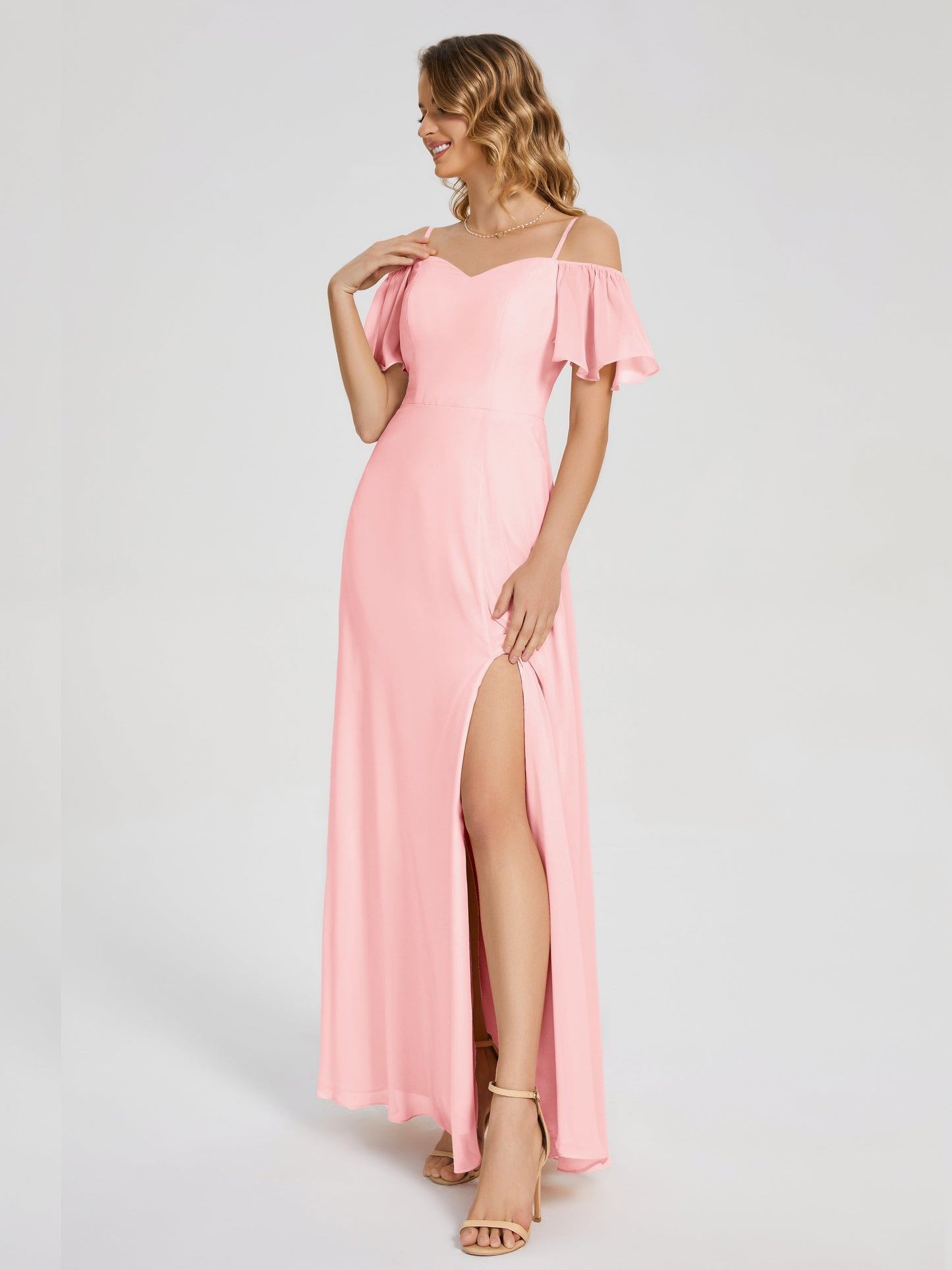 Adelaide A-line Off the Shoulder Chiffon Bridesmaid Dress with Silt