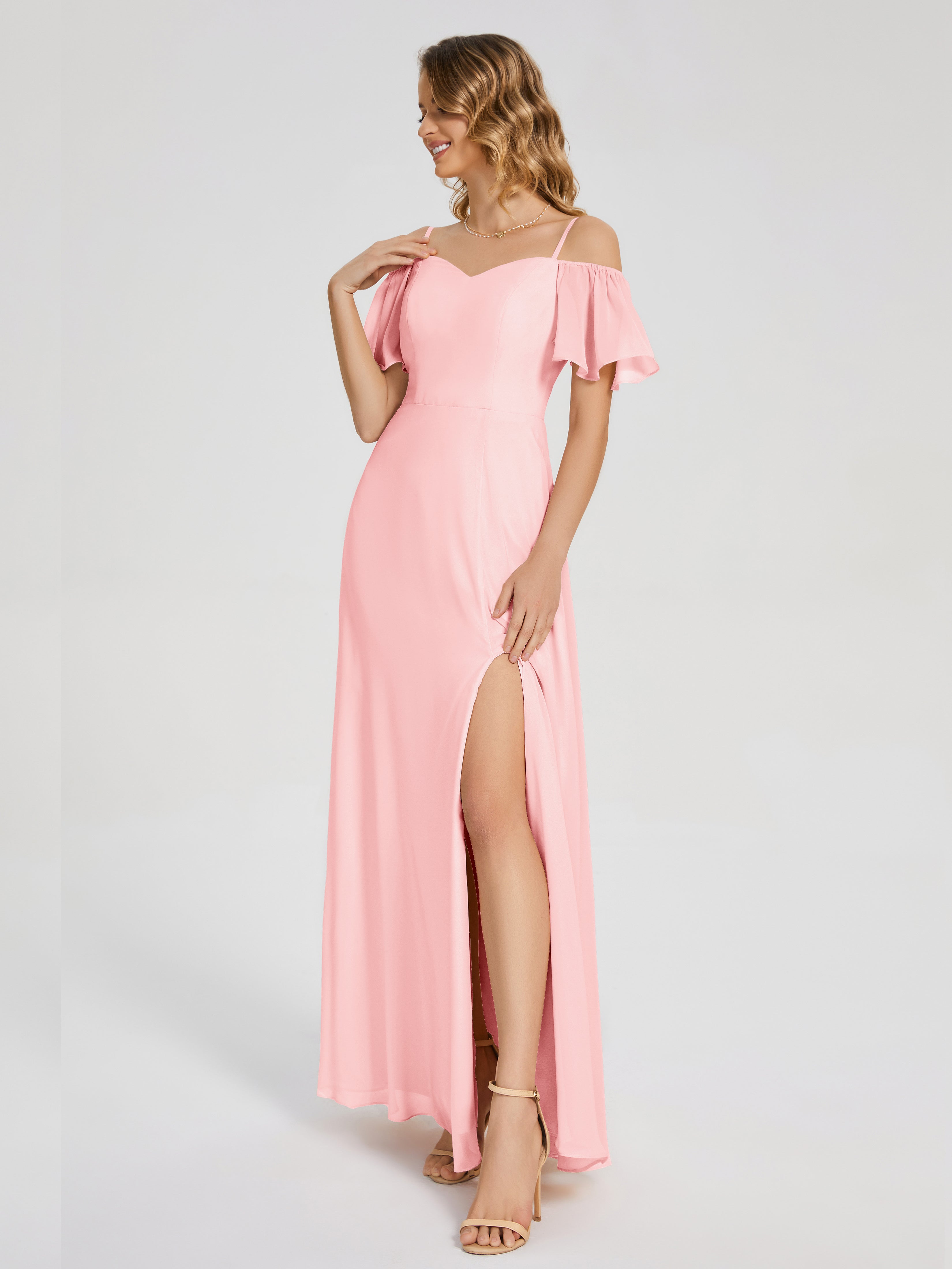 Adelaide A-line Off the Shoulder Chiffon Bridesmaid Dress with Silt