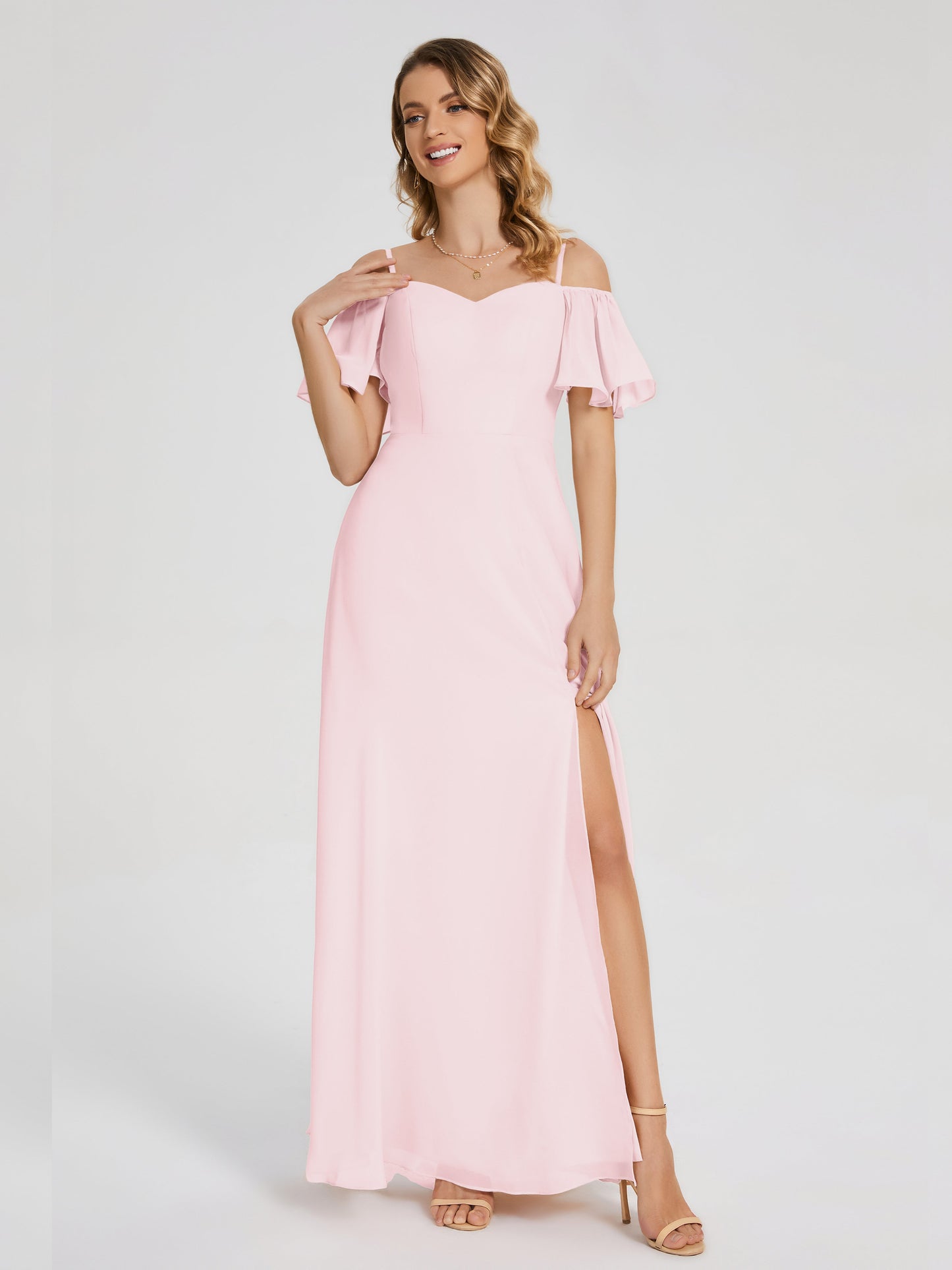 Adelaide A-line Off the Shoulder Chiffon Bridesmaid Dress with Silt