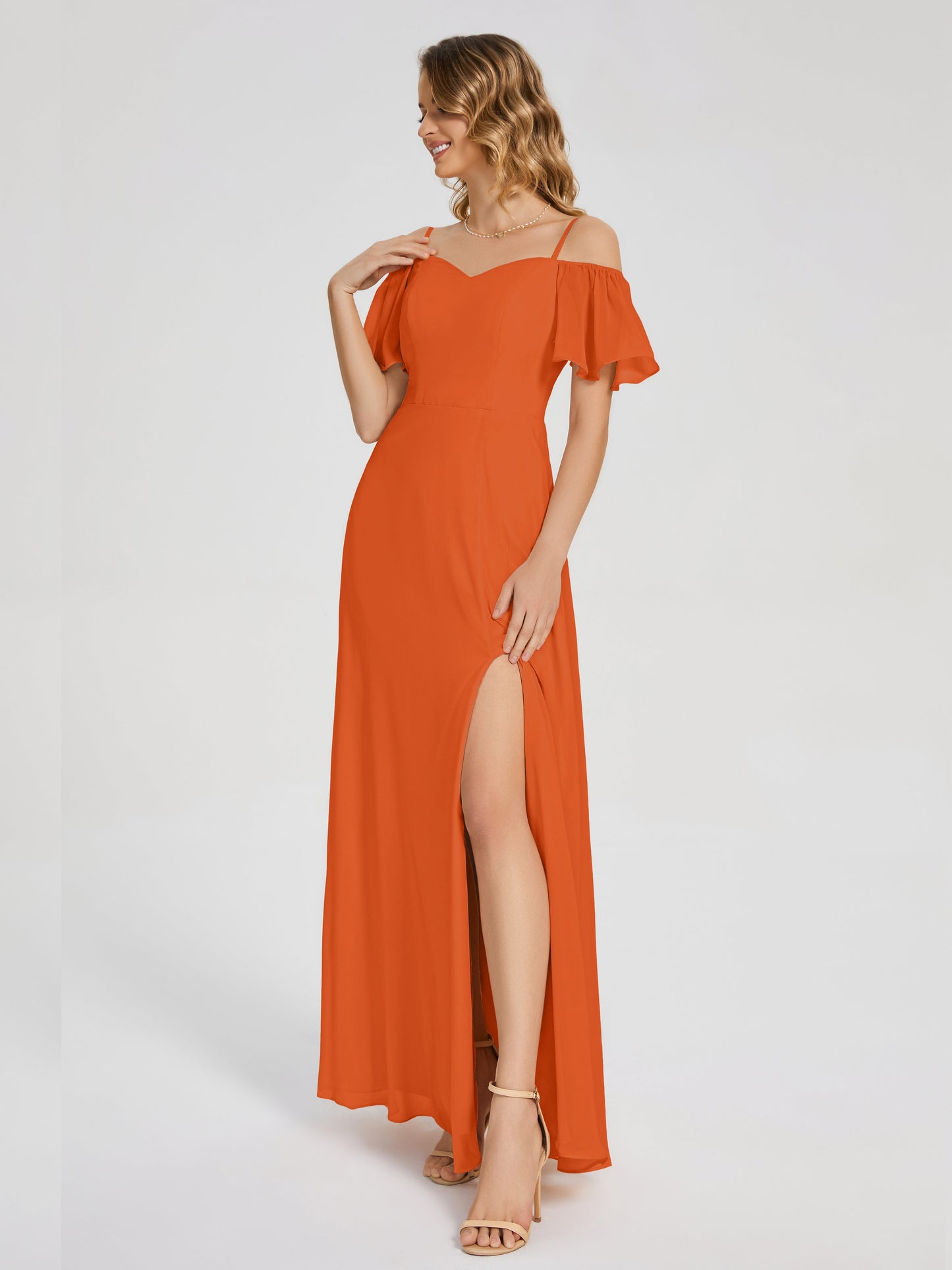 Adelaide A-line Off the Shoulder Chiffon Bridesmaid Dress with Silt