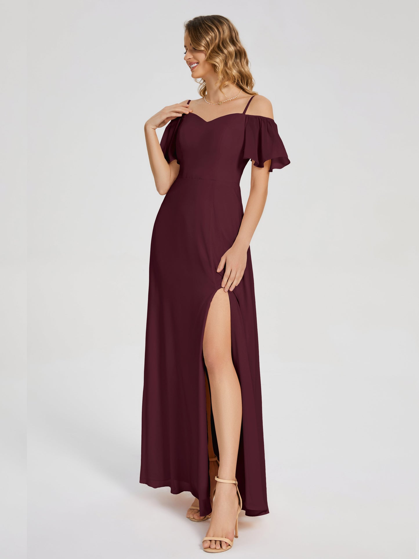 Adelaide A-line Off the Shoulder Chiffon Bridesmaid Dress with Silt