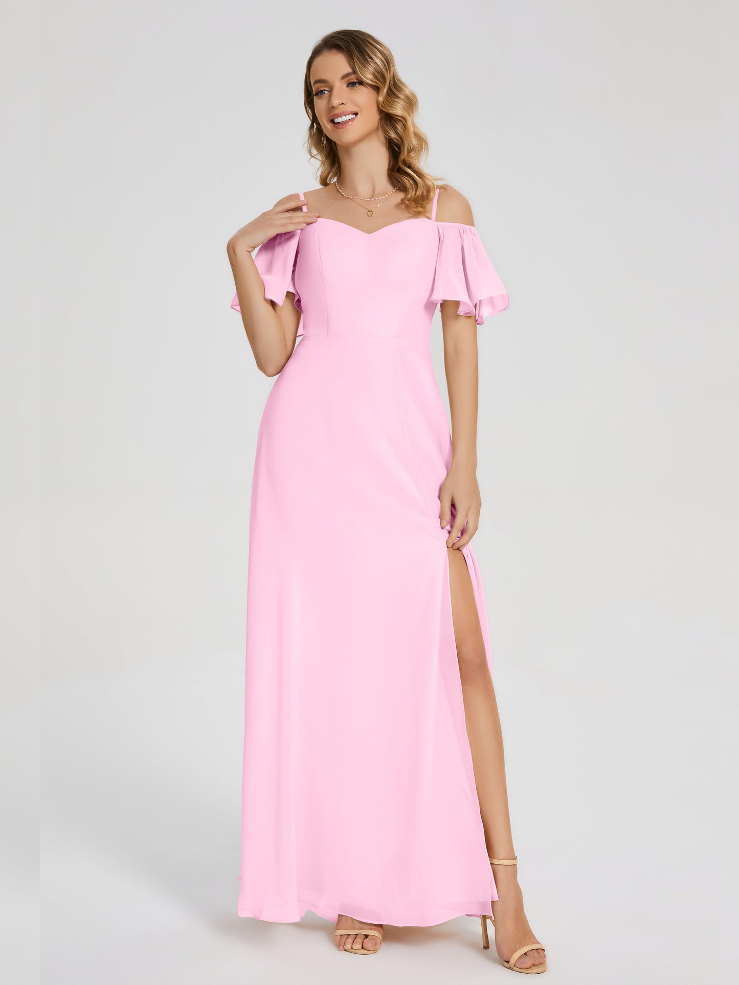 Adelaide A-line Off the Shoulder Chiffon Bridesmaid Dress with Silt