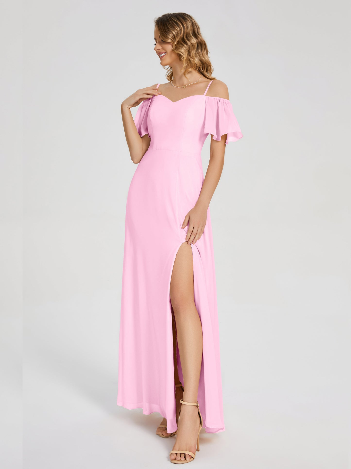 Adelaide A-line Off the Shoulder Chiffon Bridesmaid Dress with Silt