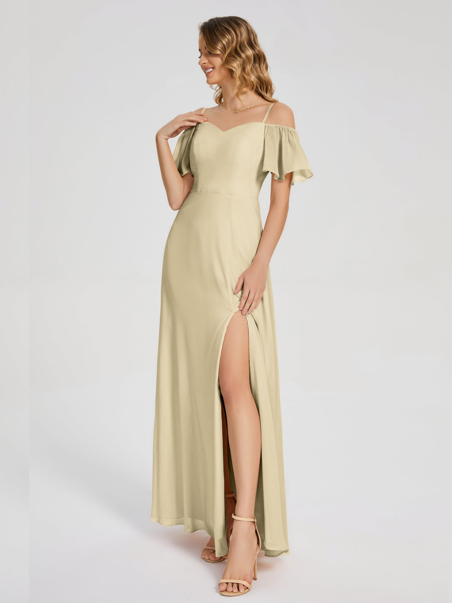 Adelaide A-line Off the Shoulder Chiffon Bridesmaid Dress with Silt