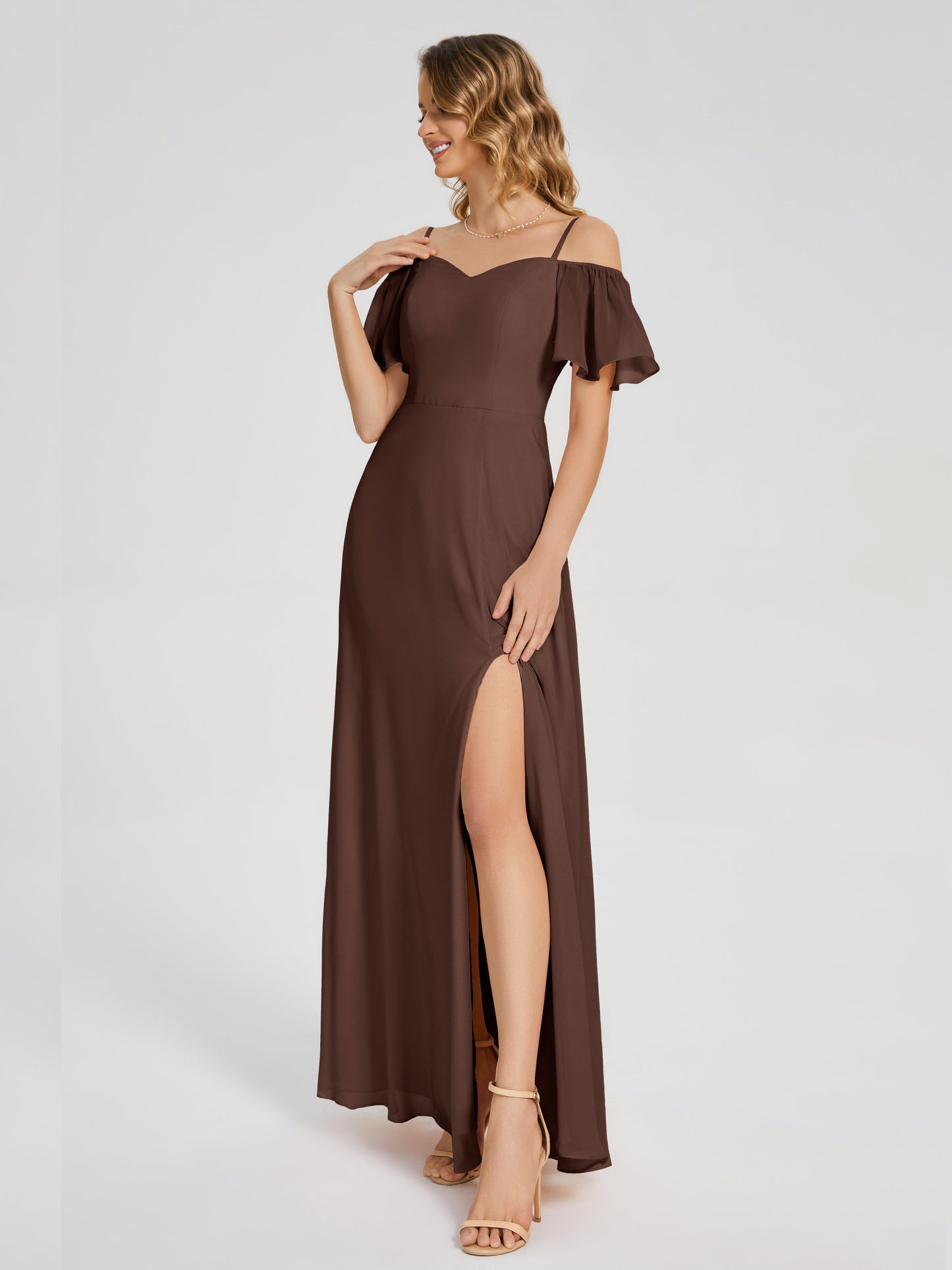 Adelaide A-line Off the Shoulder Chiffon Bridesmaid Dress with Silt