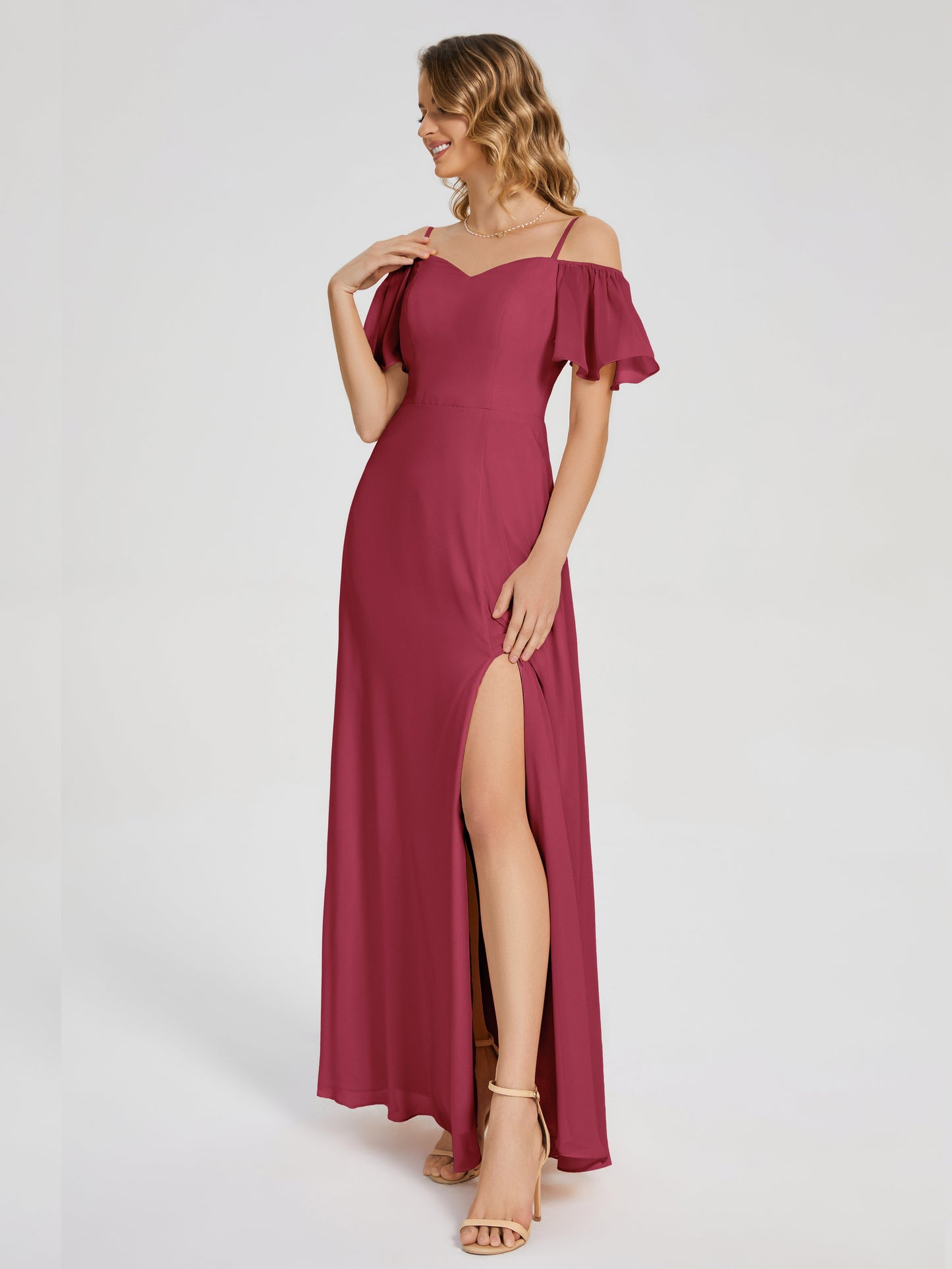 Adelaide A-line Off the Shoulder Chiffon Bridesmaid Dress with Silt