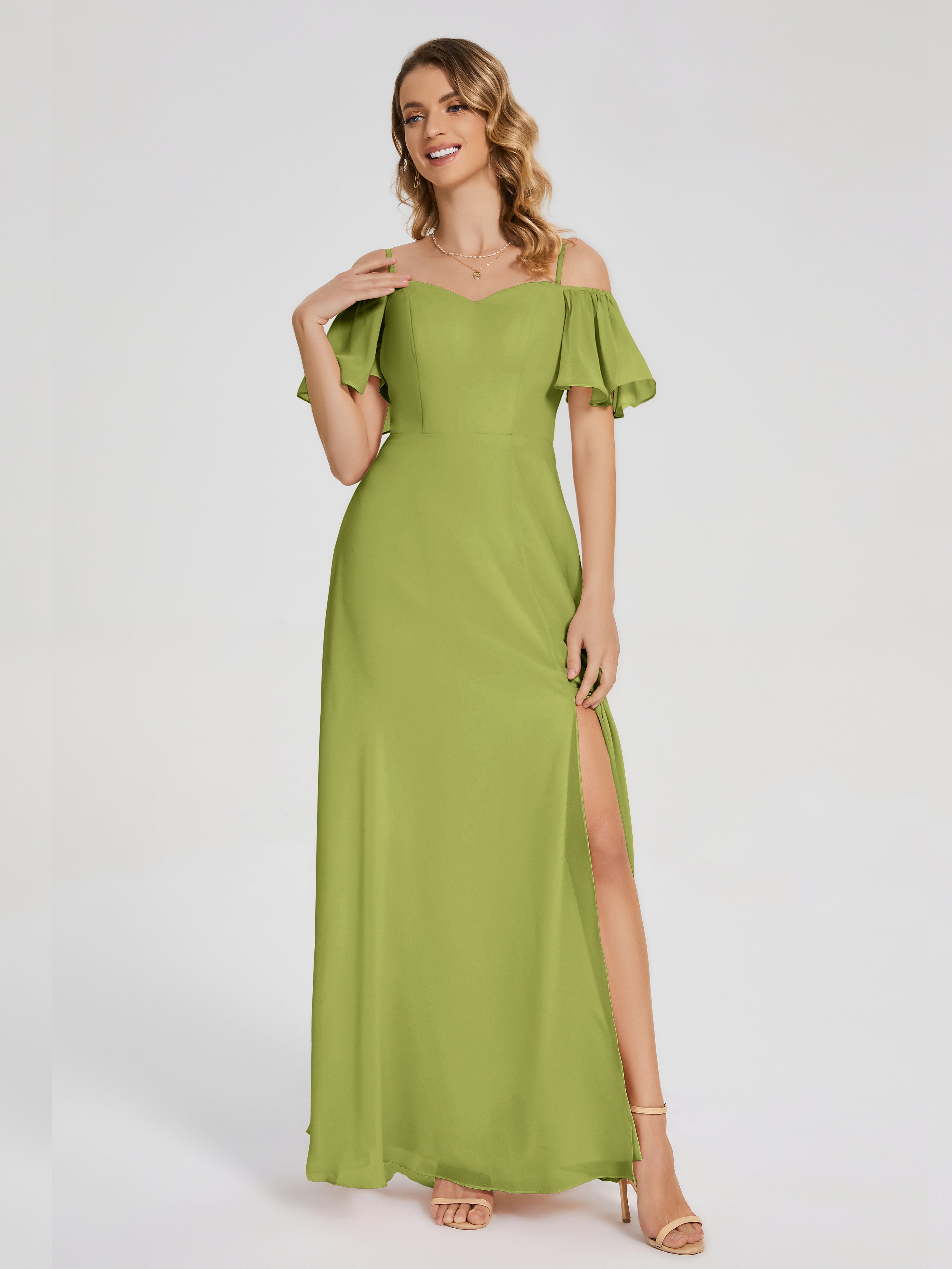 Adelaide A-line Off the Shoulder Chiffon Bridesmaid Dress with Silt
