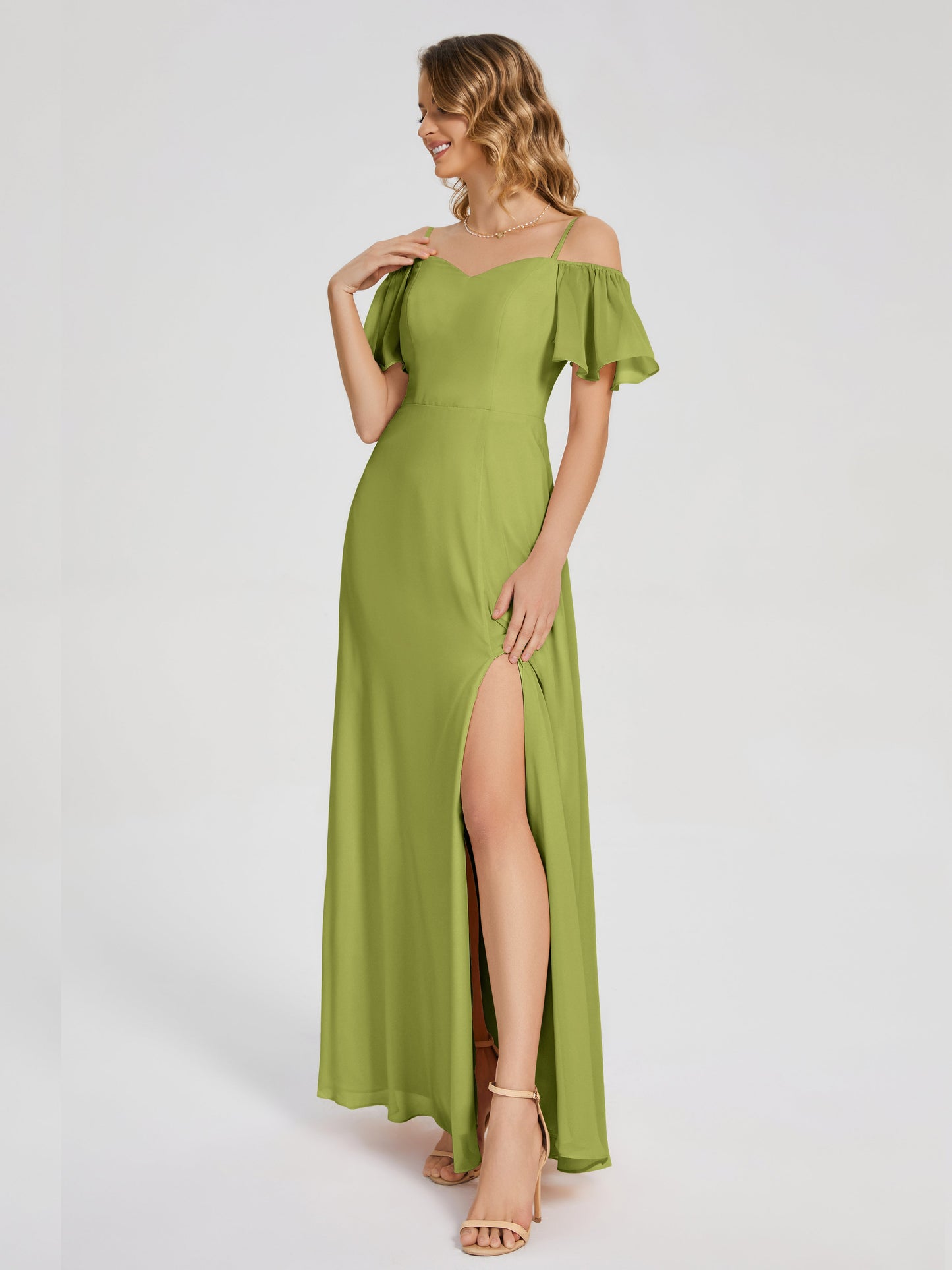 Adelaide A-line Off the Shoulder Chiffon Bridesmaid Dress with Silt
