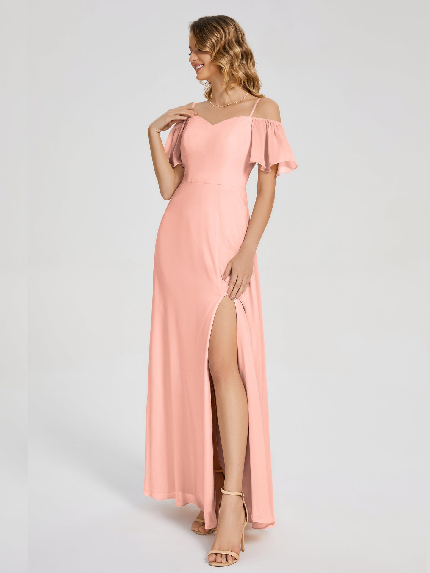 Adelaide A-line Off the Shoulder Chiffon Bridesmaid Dress with Silt