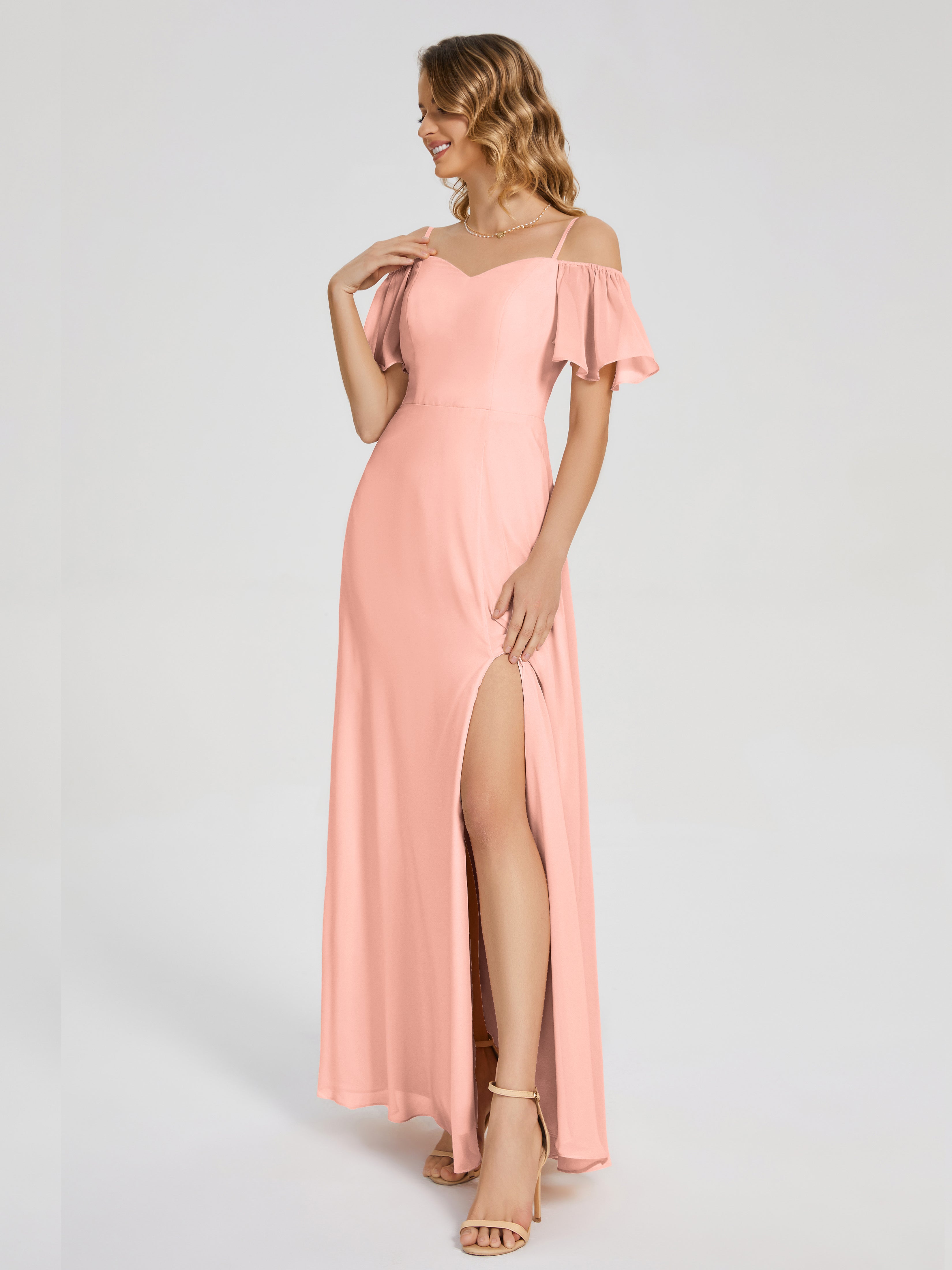 Adelaide A-line Off the Shoulder Chiffon Bridesmaid Dress with Silt