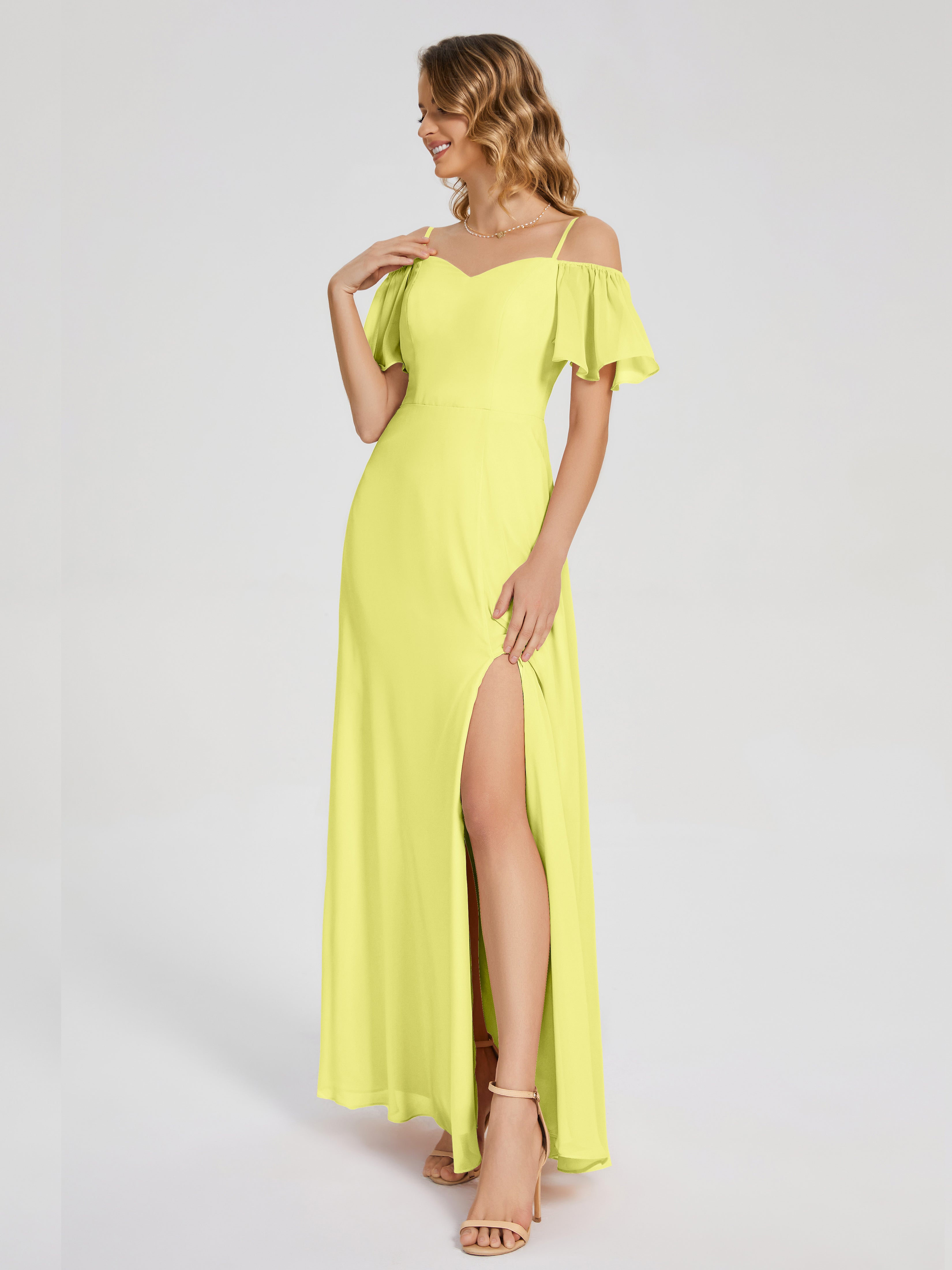 Adelaide A-line Off the Shoulder Chiffon Bridesmaid Dress with Silt