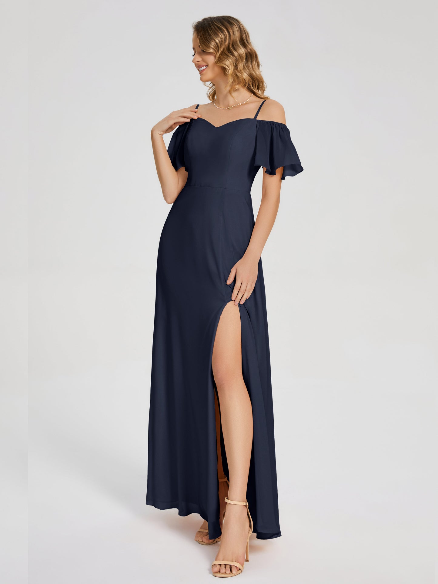 Adelaide A-line Off the Shoulder Chiffon Bridesmaid Dress with Silt