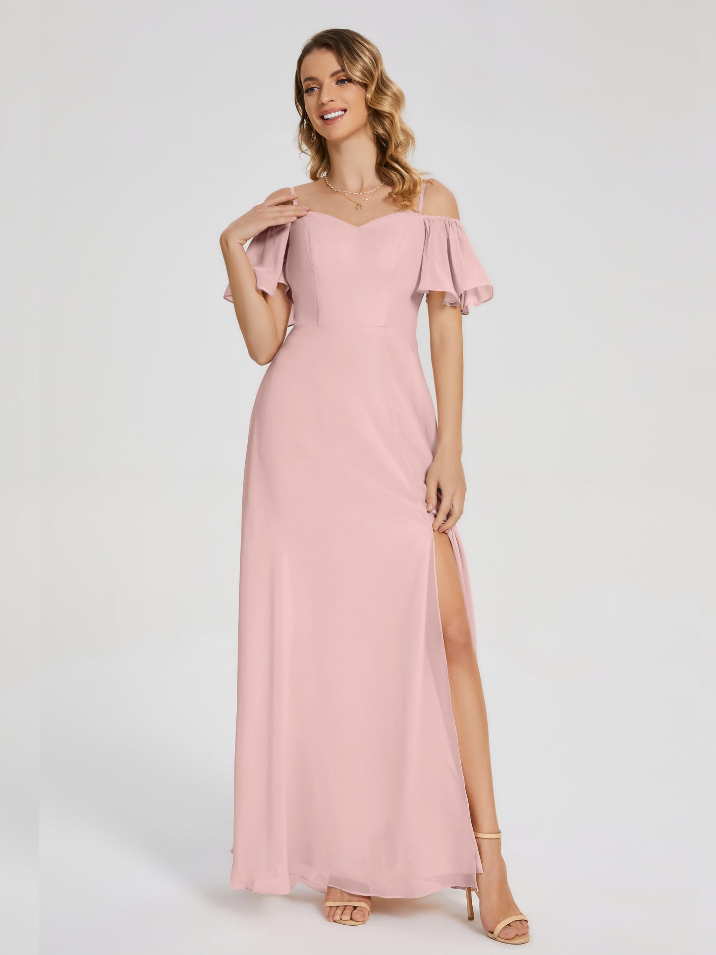 Adelaide A-line Off the Shoulder Chiffon Bridesmaid Dress with Silt