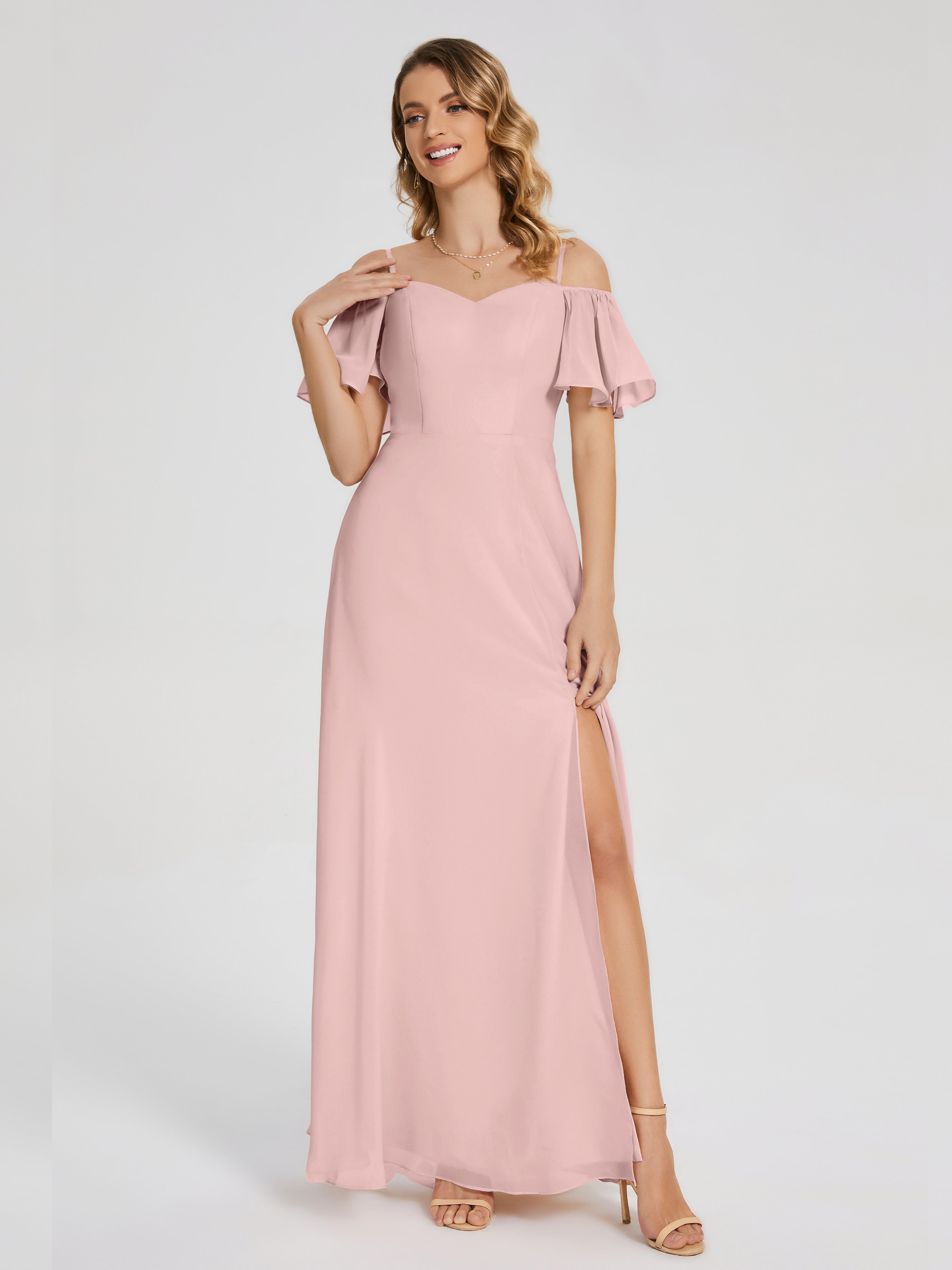 Adelaide A-line Off the Shoulder Chiffon Bridesmaid Dress with Silt