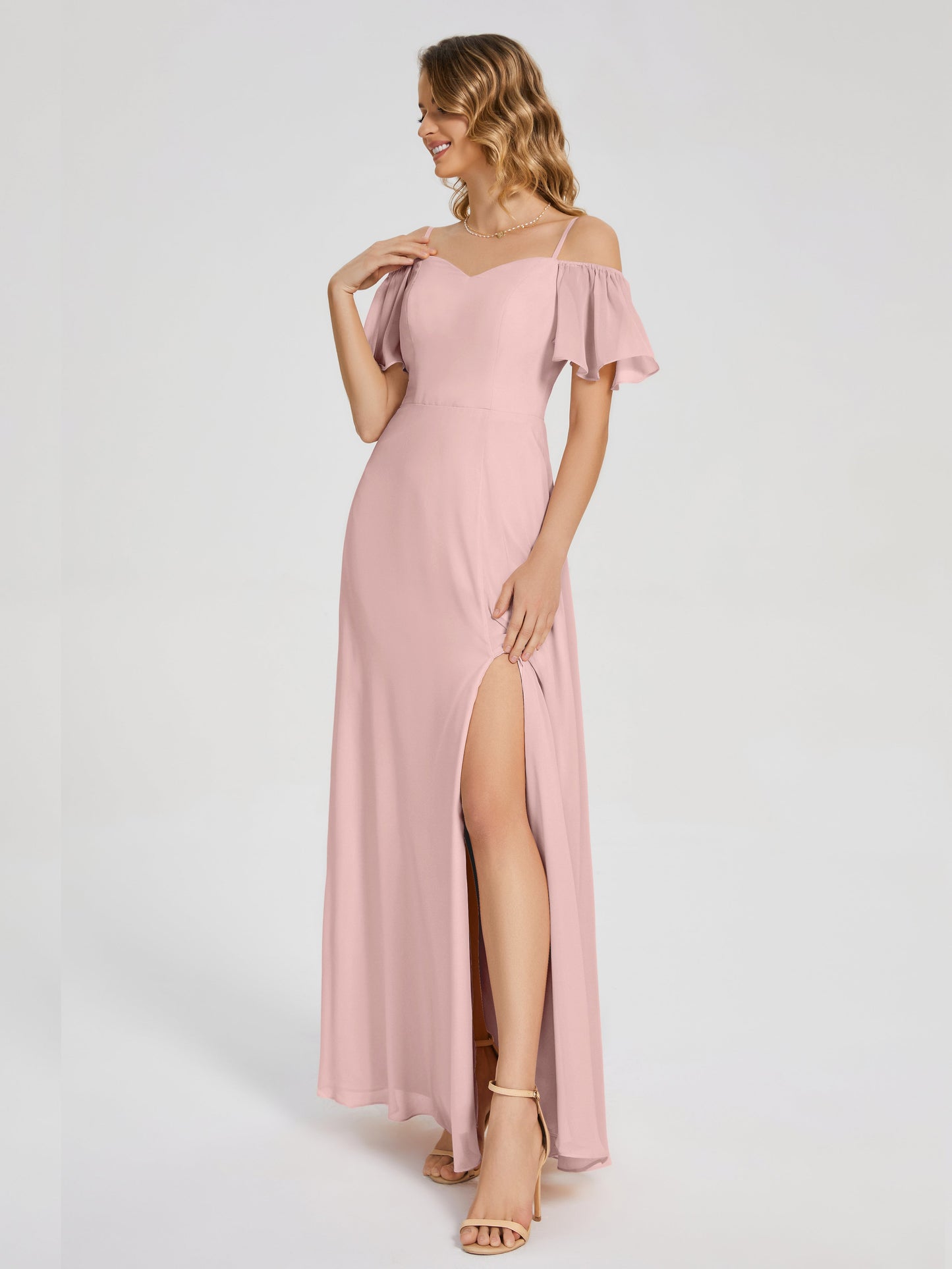 Adelaide A-line Off the Shoulder Chiffon Bridesmaid Dress with Silt