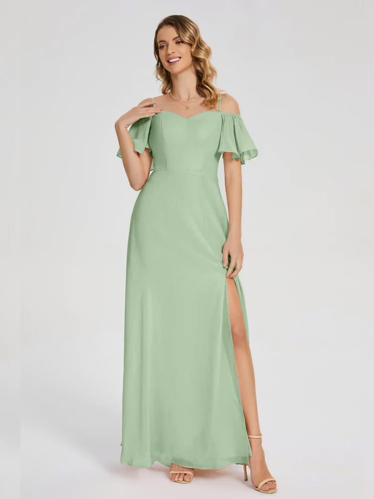 Adelaide A-line Off the Shoulder Chiffon Bridesmaid Dress with Silt