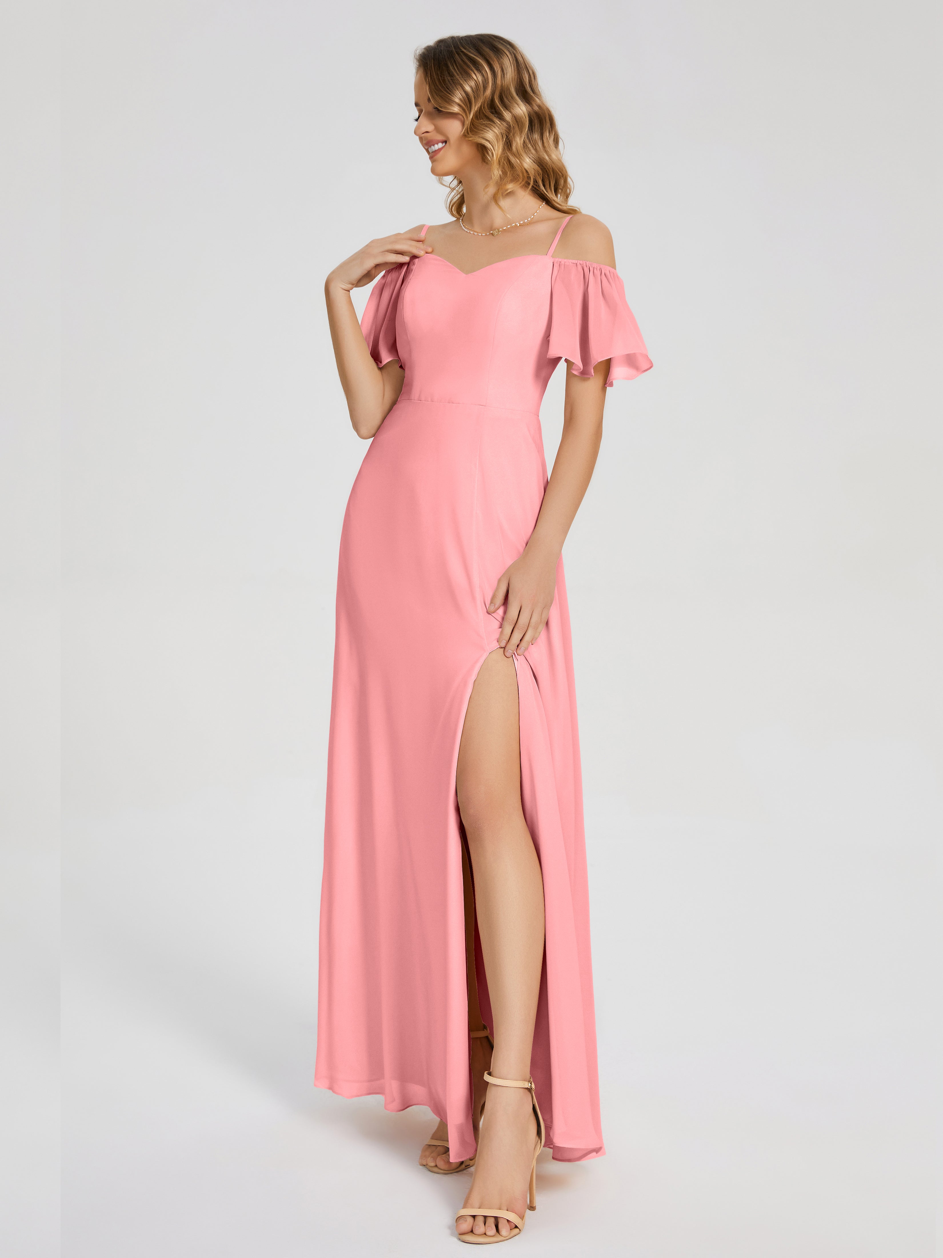 Adelaide A-line Off the Shoulder Chiffon Bridesmaid Dress with Silt