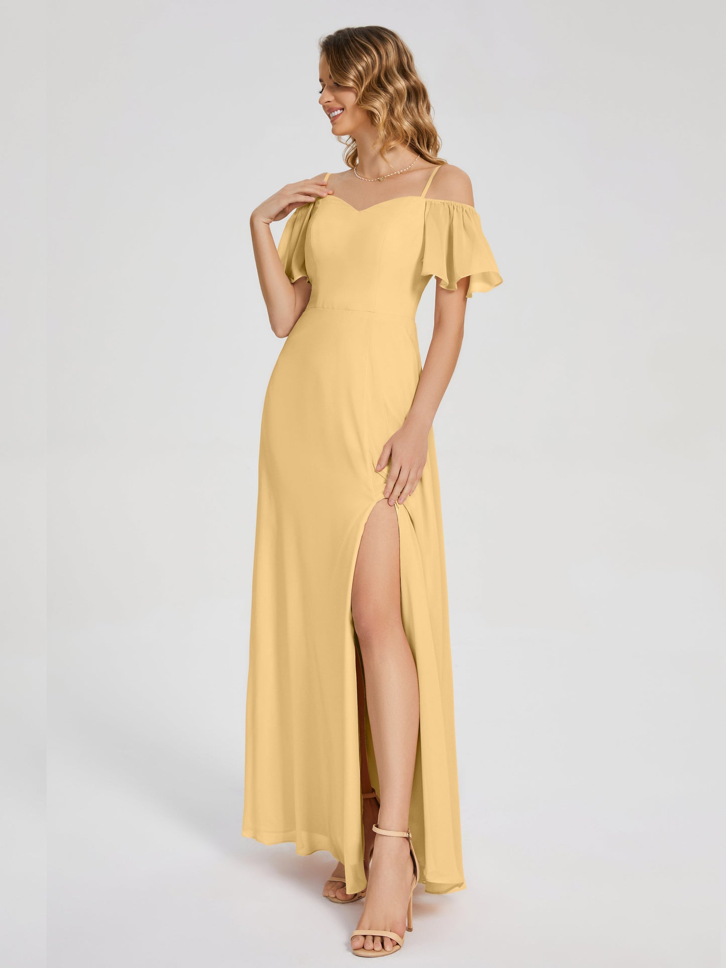 Adelaide A-line Off the Shoulder Chiffon Bridesmaid Dress with Silt
