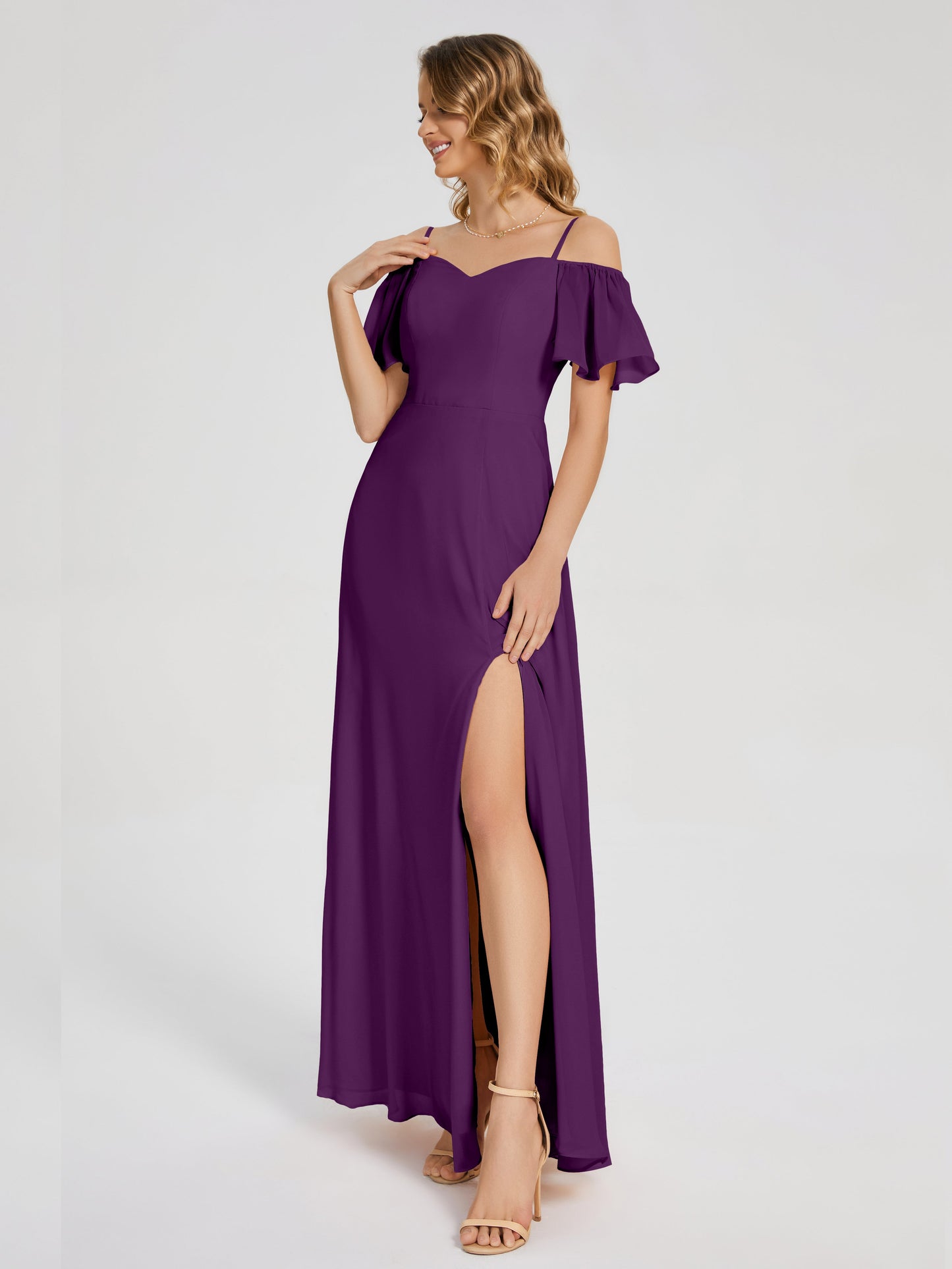 Adelaide A-line Off the Shoulder Chiffon Bridesmaid Dress with Silt