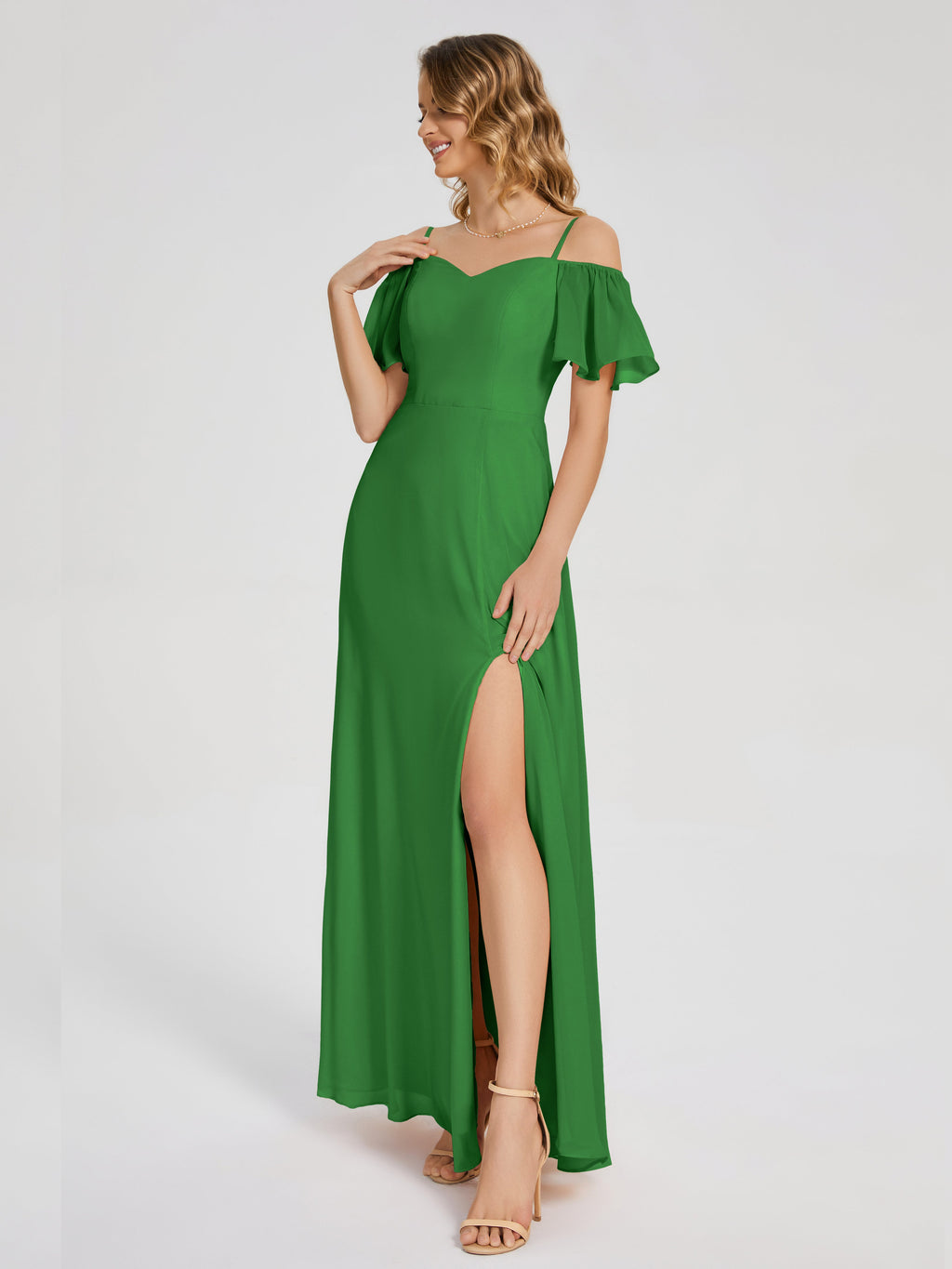 Adelaide A-line Off the Shoulder Chiffon Bridesmaid Dress with Silt