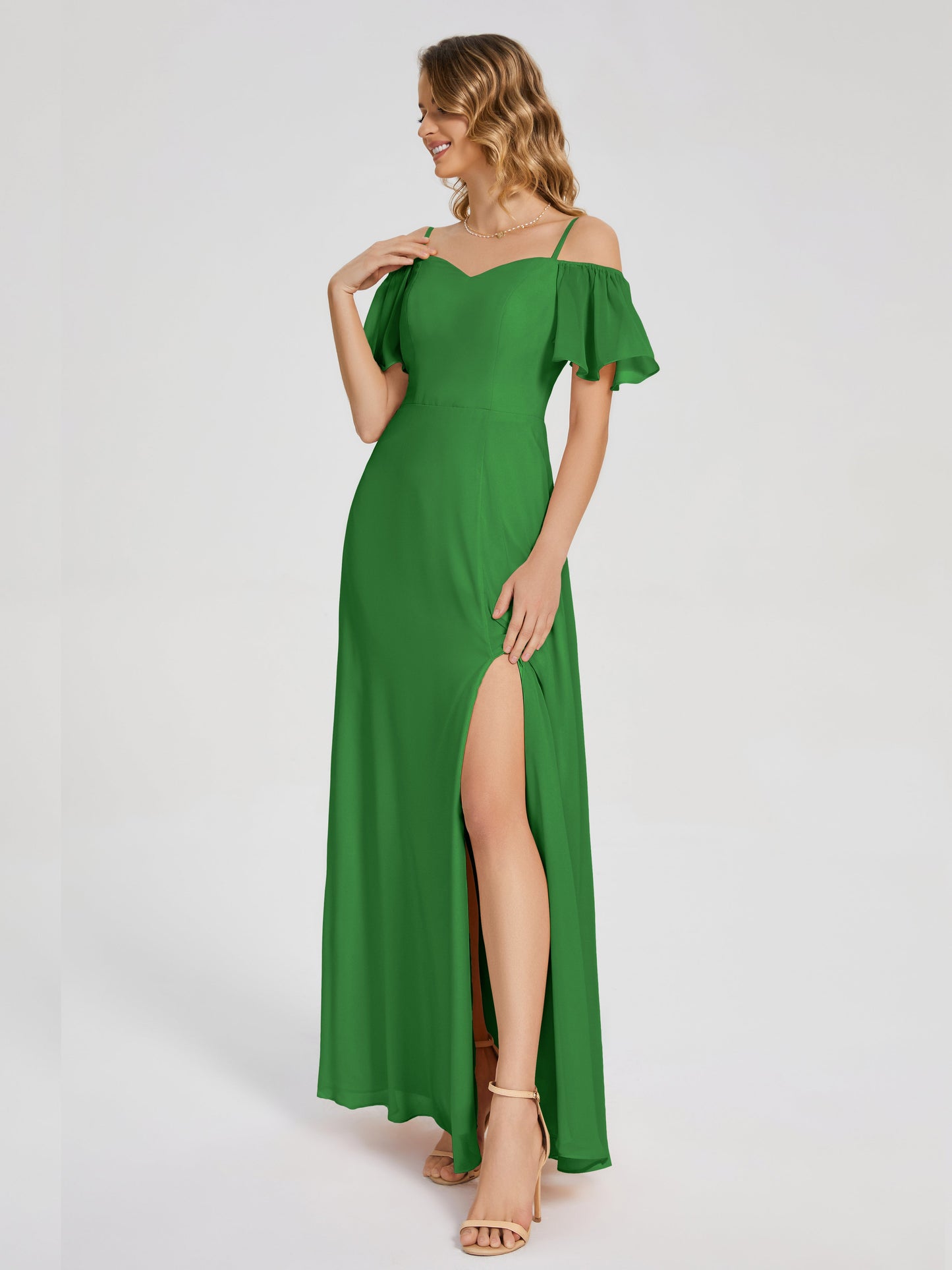 Adelaide A-line Off the Shoulder Chiffon Bridesmaid Dress with Silt
