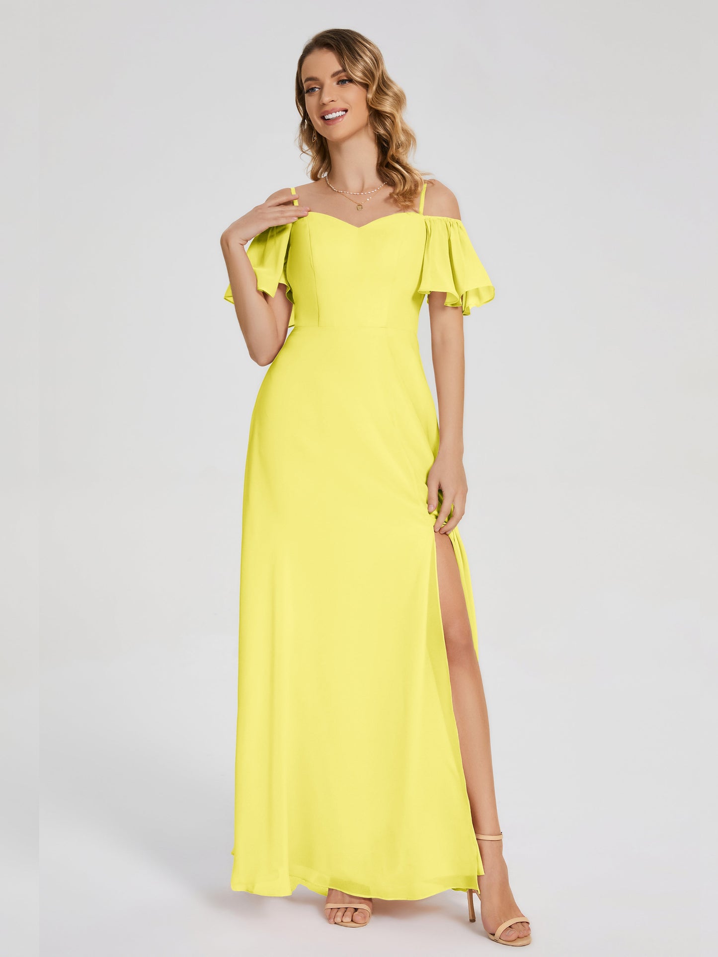 Adelaide A-line Off the Shoulder Chiffon Bridesmaid Dress with Silt