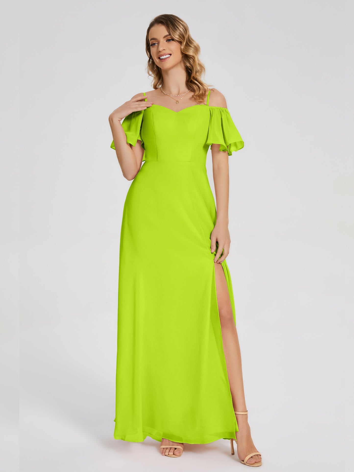 Adelaide A-line Off the Shoulder Chiffon Bridesmaid Dress with Silt