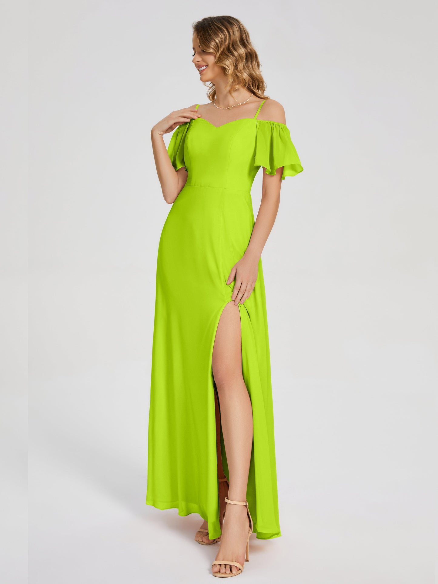 Adelaide A-line Off the Shoulder Chiffon Bridesmaid Dress with Silt