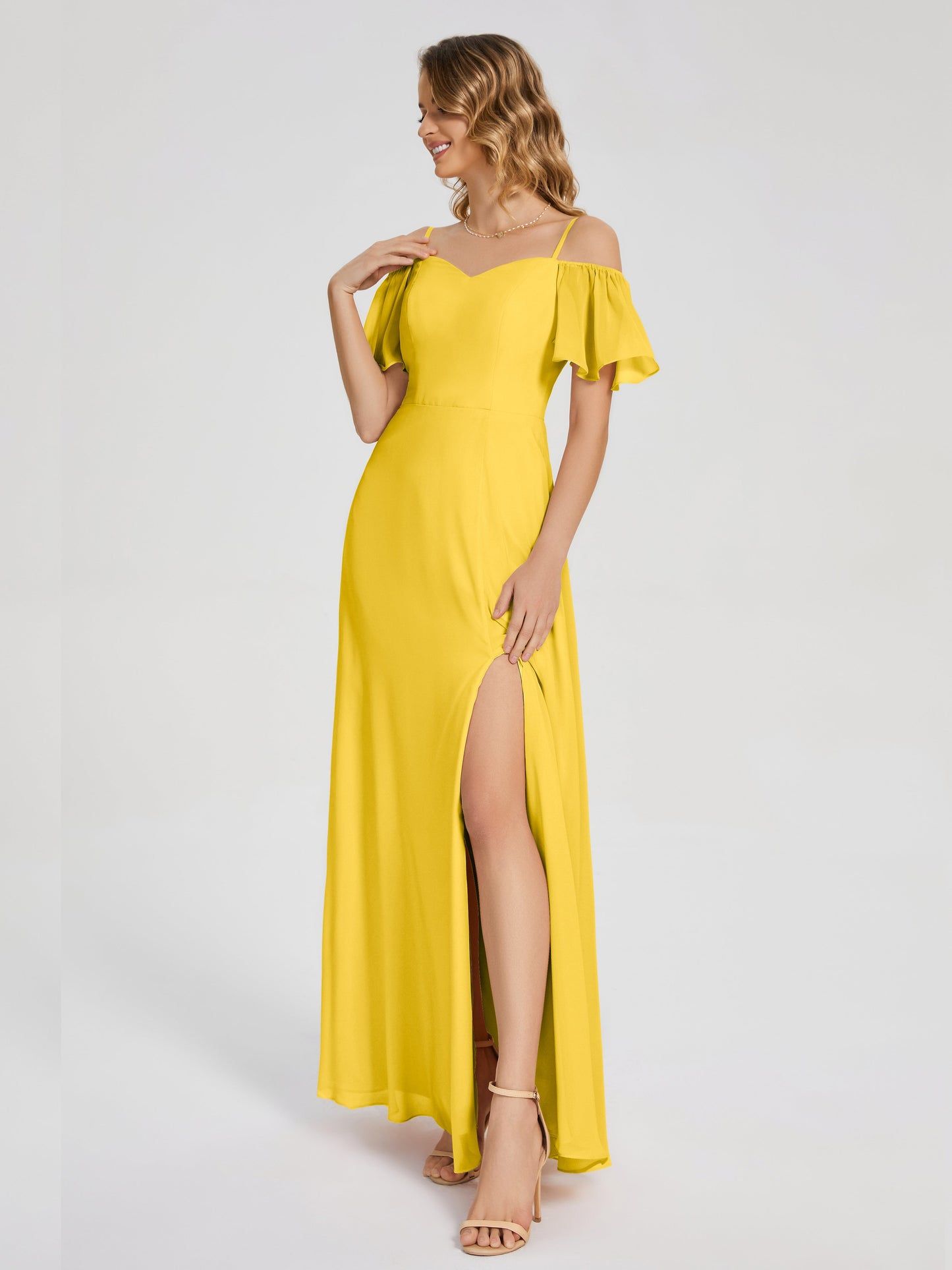 Adelaide A-line Off the Shoulder Chiffon Bridesmaid Dress with Silt
