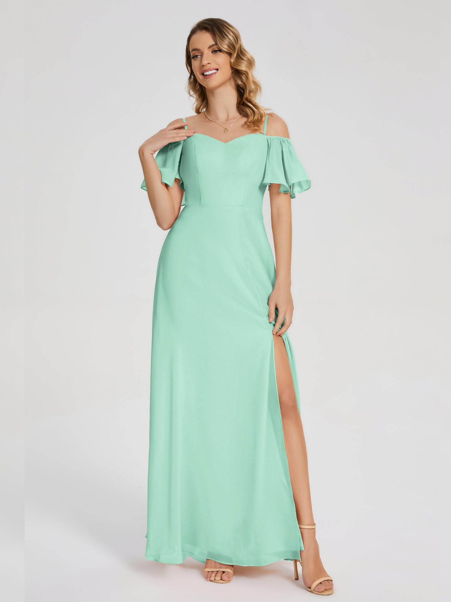 Adelaide A-line Off the Shoulder Chiffon Bridesmaid Dress with Silt
