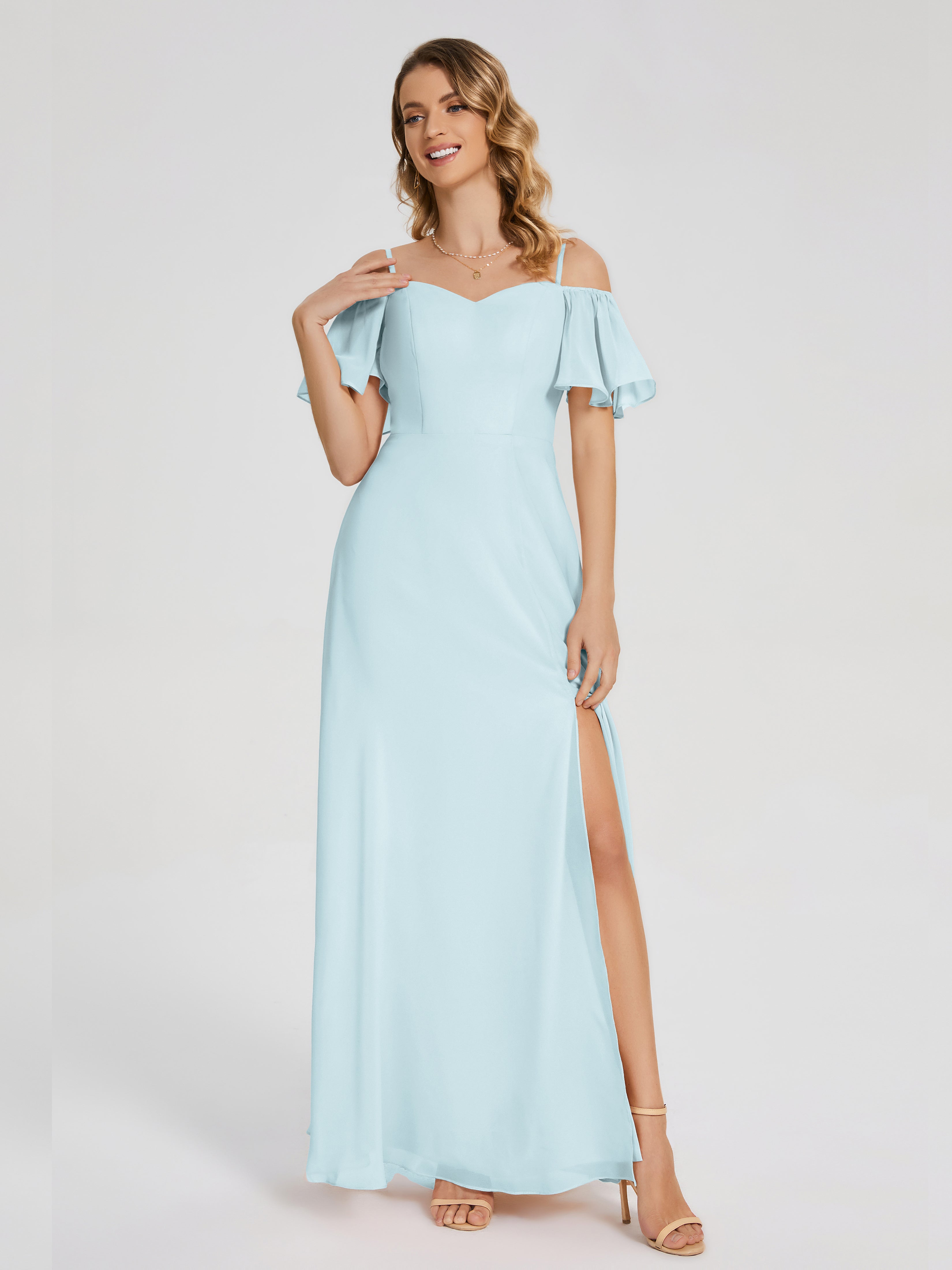 Adelaide A-line Off the Shoulder Chiffon Bridesmaid Dress with Silt