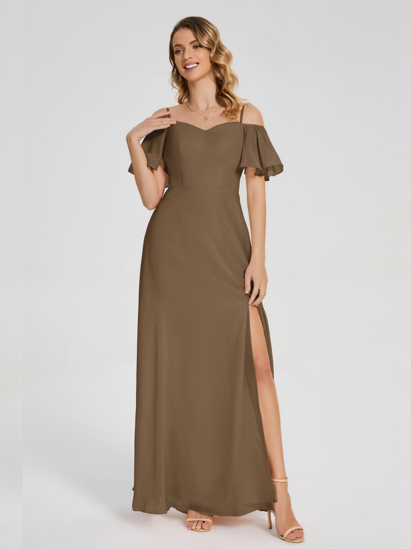 Adelaide A-line Off the Shoulder Chiffon Bridesmaid Dress with Silt