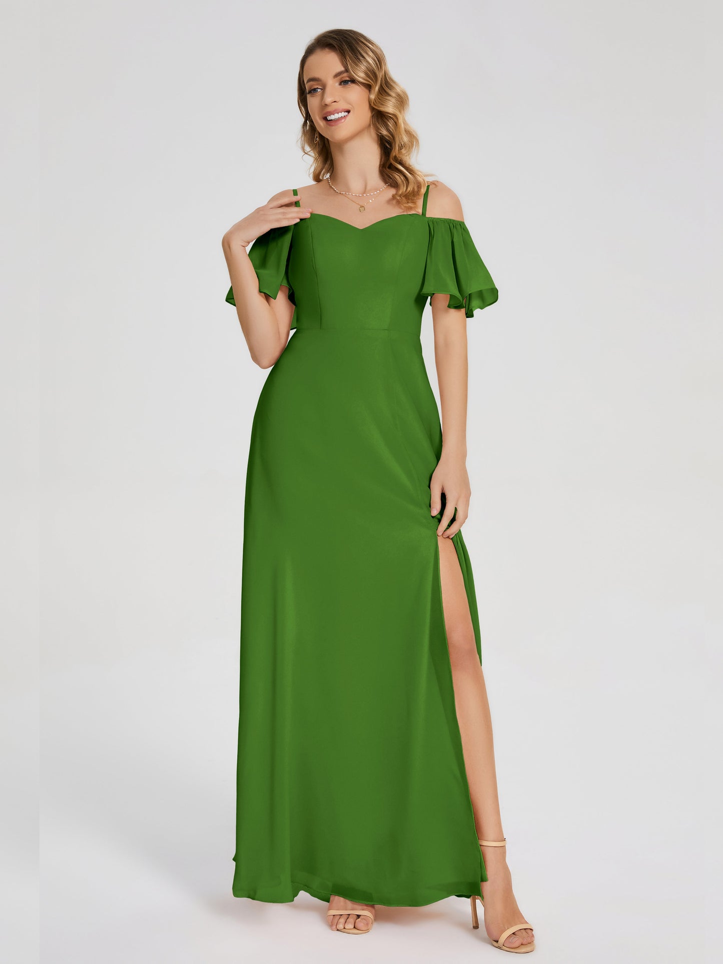 Adelaide A-line Off the Shoulder Chiffon Bridesmaid Dress with Silt