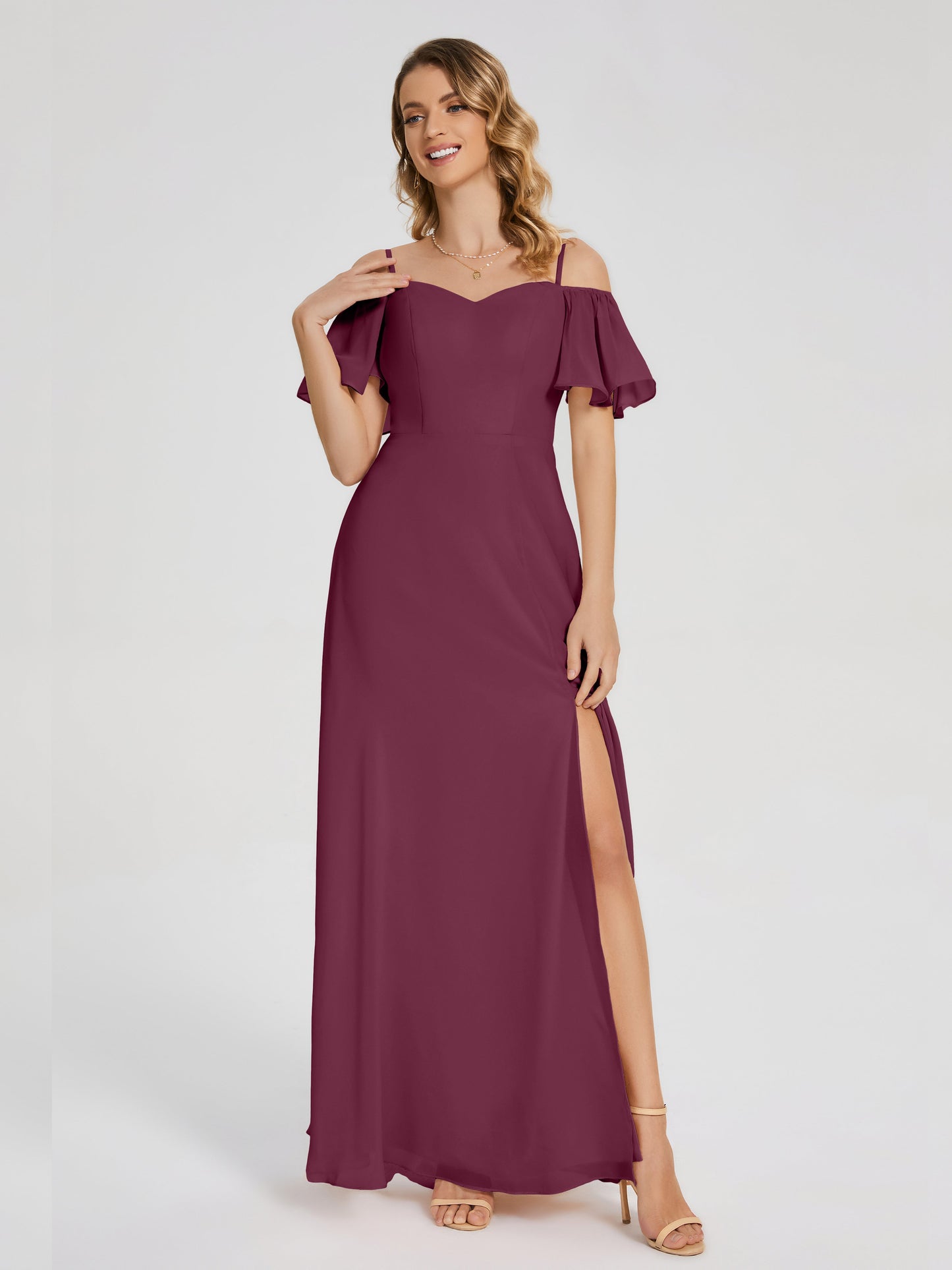 Adelaide A-line Off the Shoulder Chiffon Bridesmaid Dress with Silt