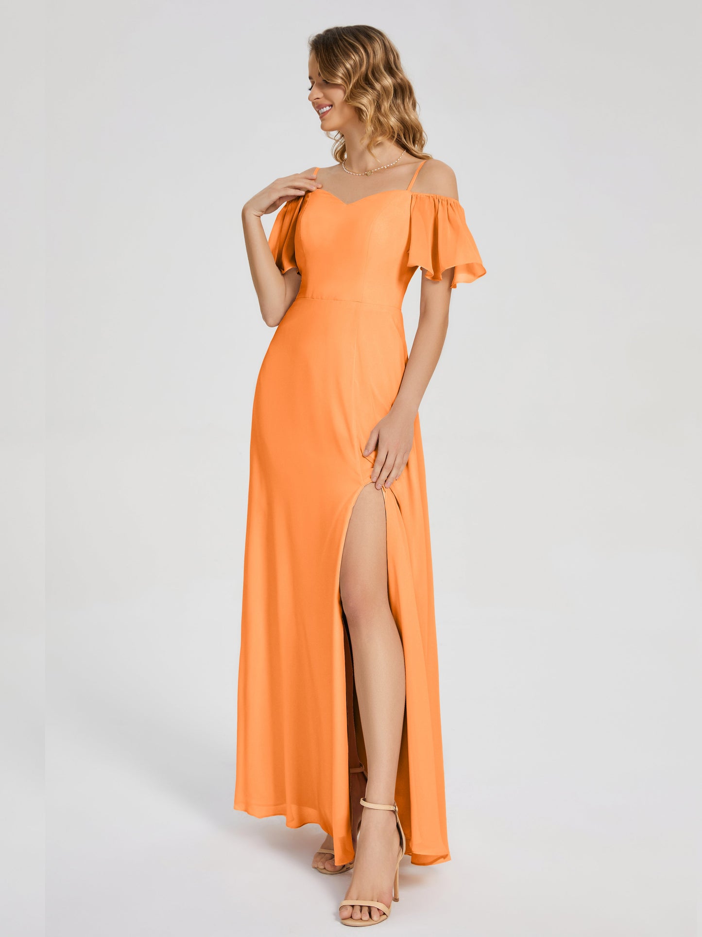 Adelaide A-line Off the Shoulder Chiffon Bridesmaid Dress with Silt