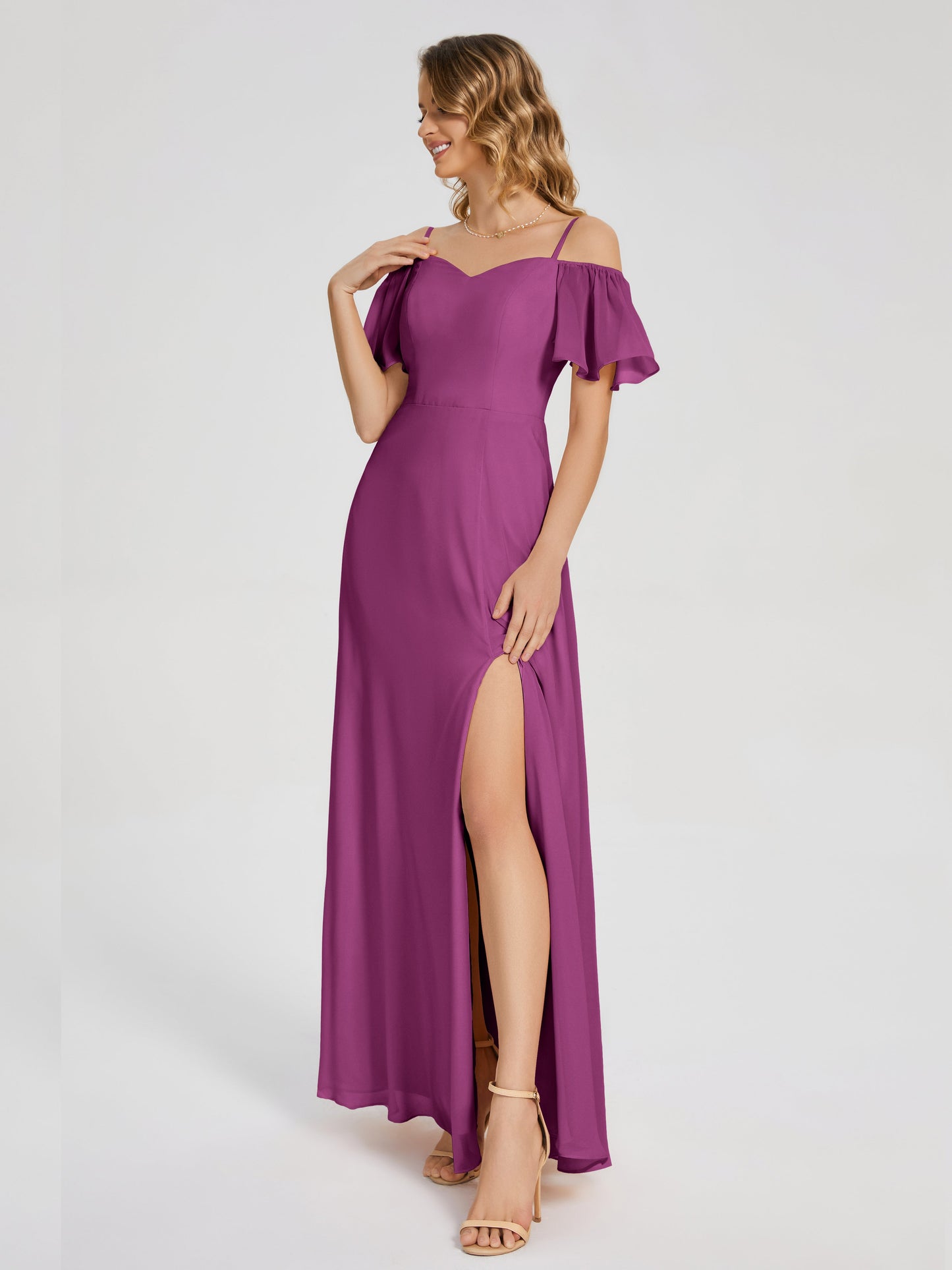 Adelaide A-line Off the Shoulder Chiffon Bridesmaid Dress with Silt