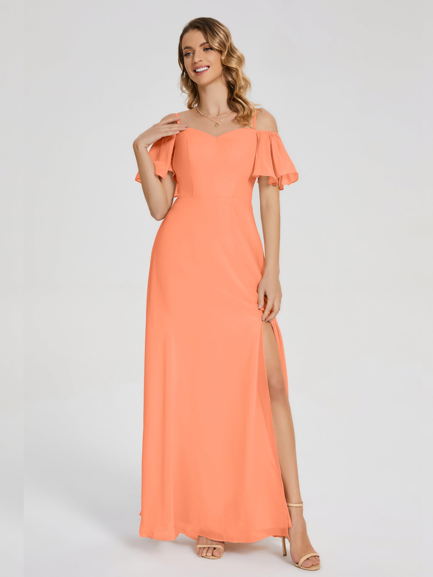 Adelaide A-line Off the Shoulder Chiffon Bridesmaid Dress with Silt