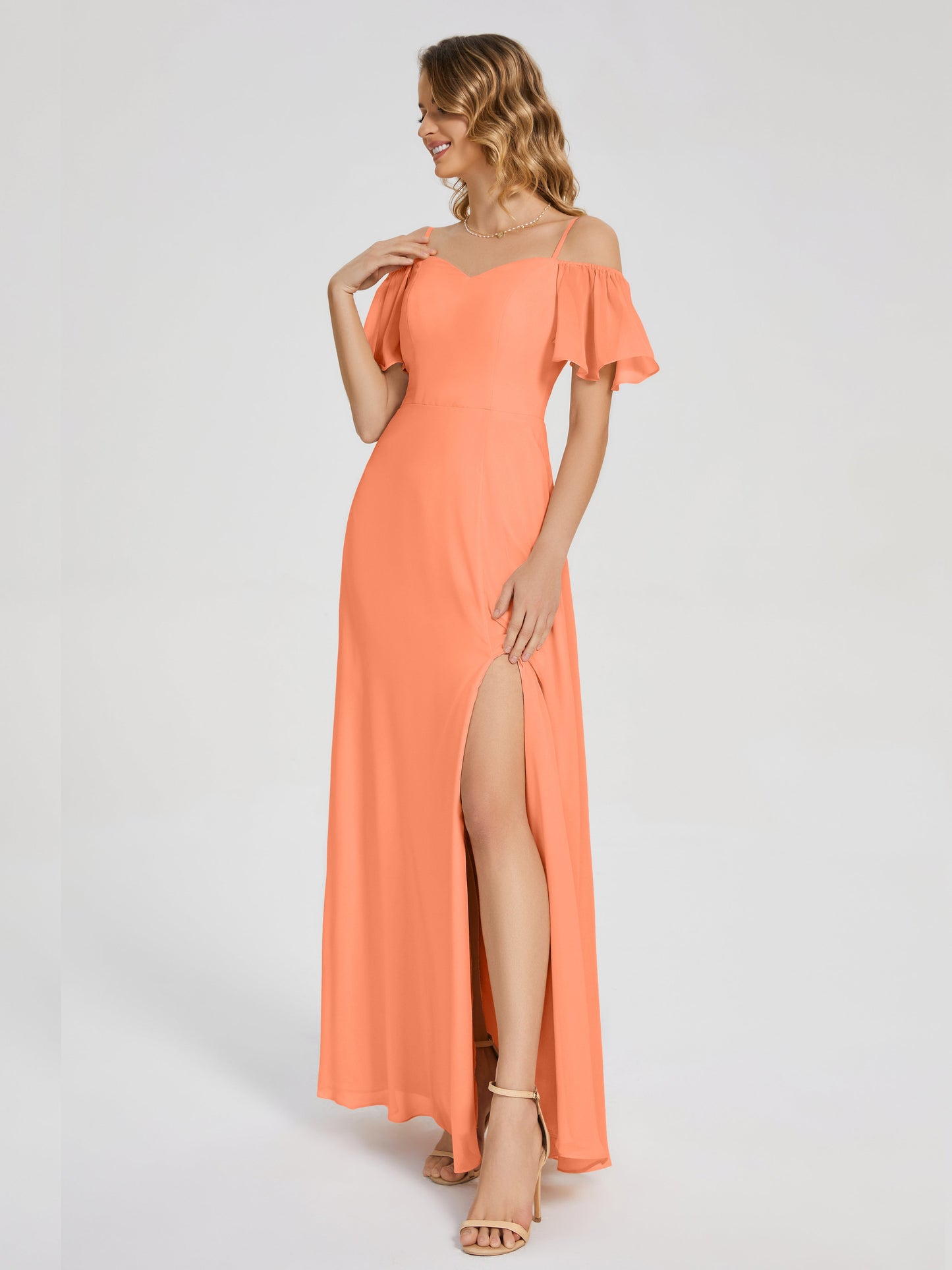 Adelaide A-line Off the Shoulder Chiffon Bridesmaid Dress with Silt