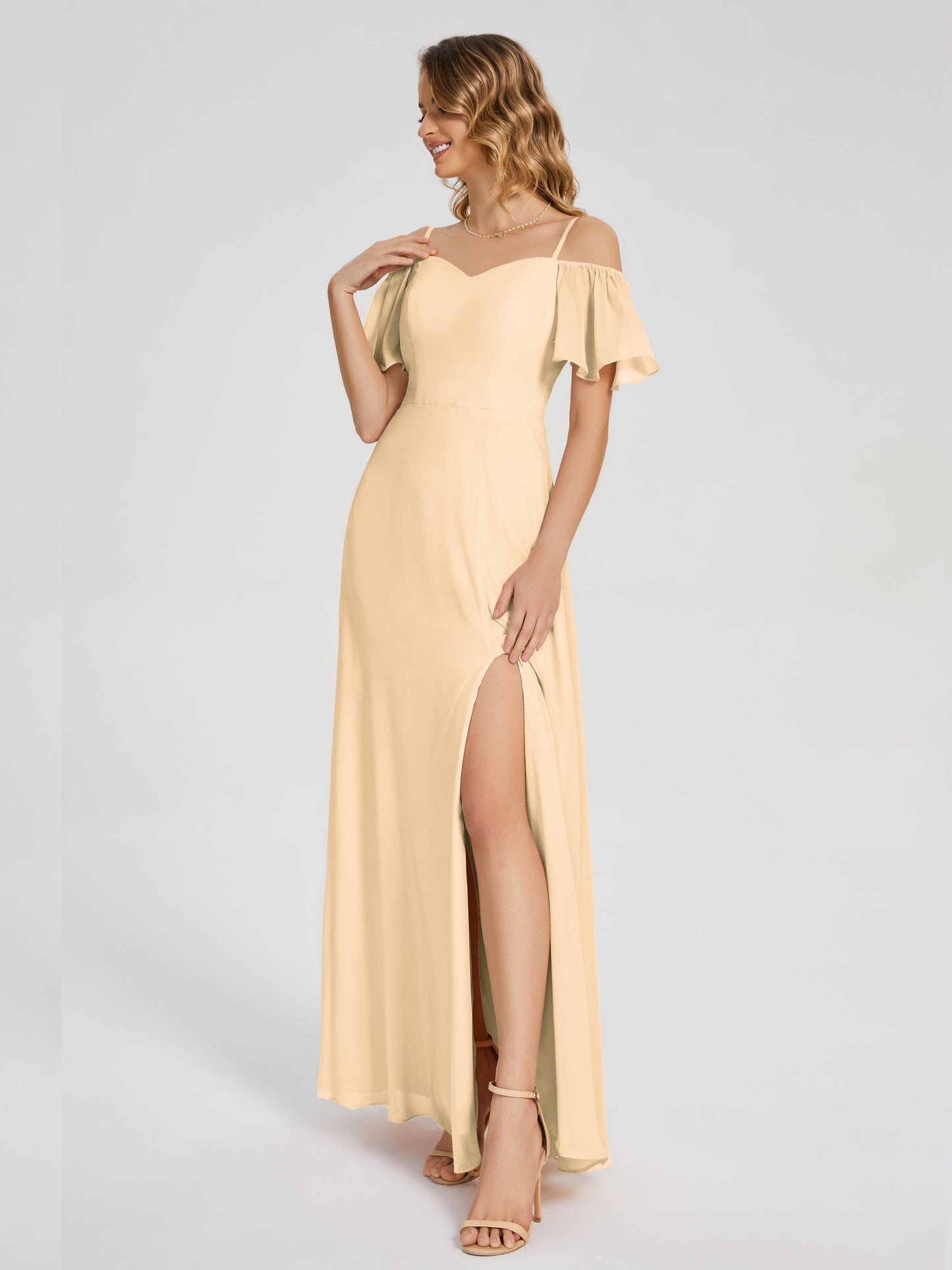 Adelaide A-line Off the Shoulder Chiffon Bridesmaid Dress with Silt