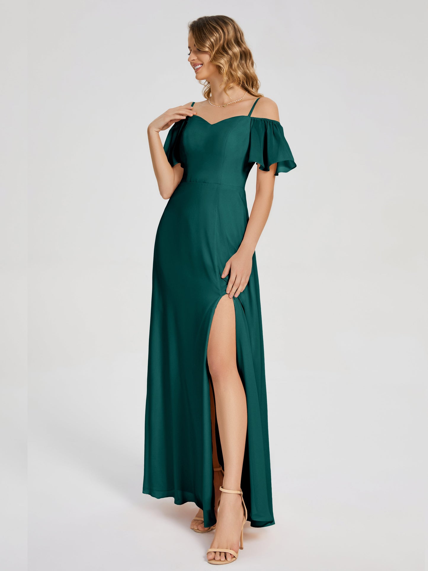 Adelaide A-line Off the Shoulder Chiffon Bridesmaid Dress with Silt