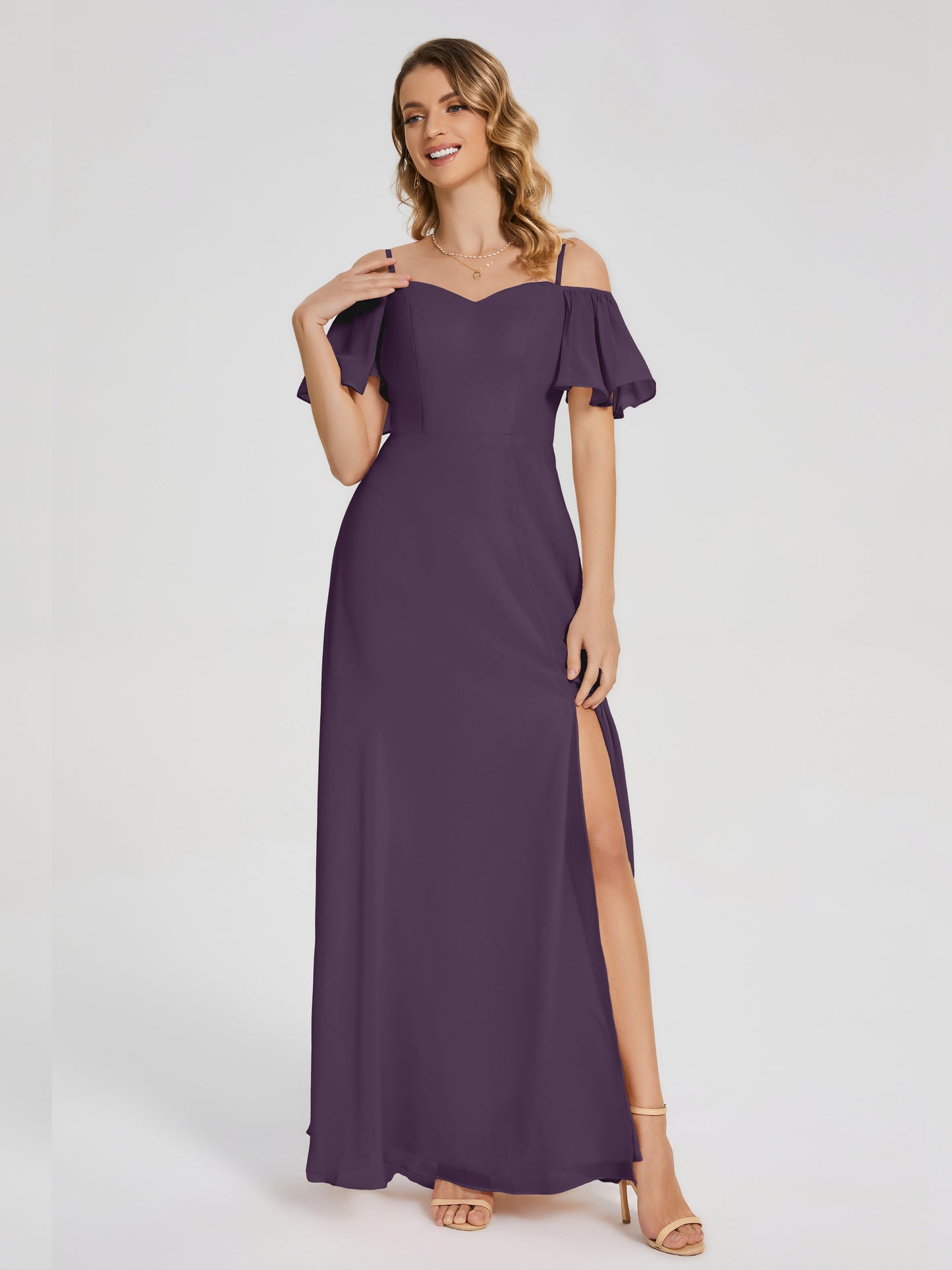 Adelaide A-line Off the Shoulder Chiffon Bridesmaid Dress with Silt