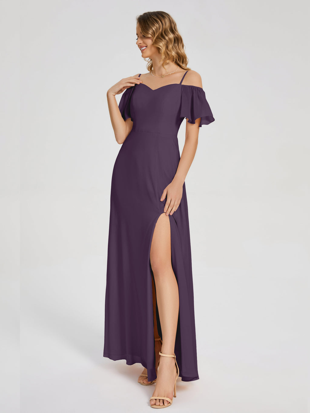 Adelaide A-line Off the Shoulder Chiffon Bridesmaid Dress with Silt