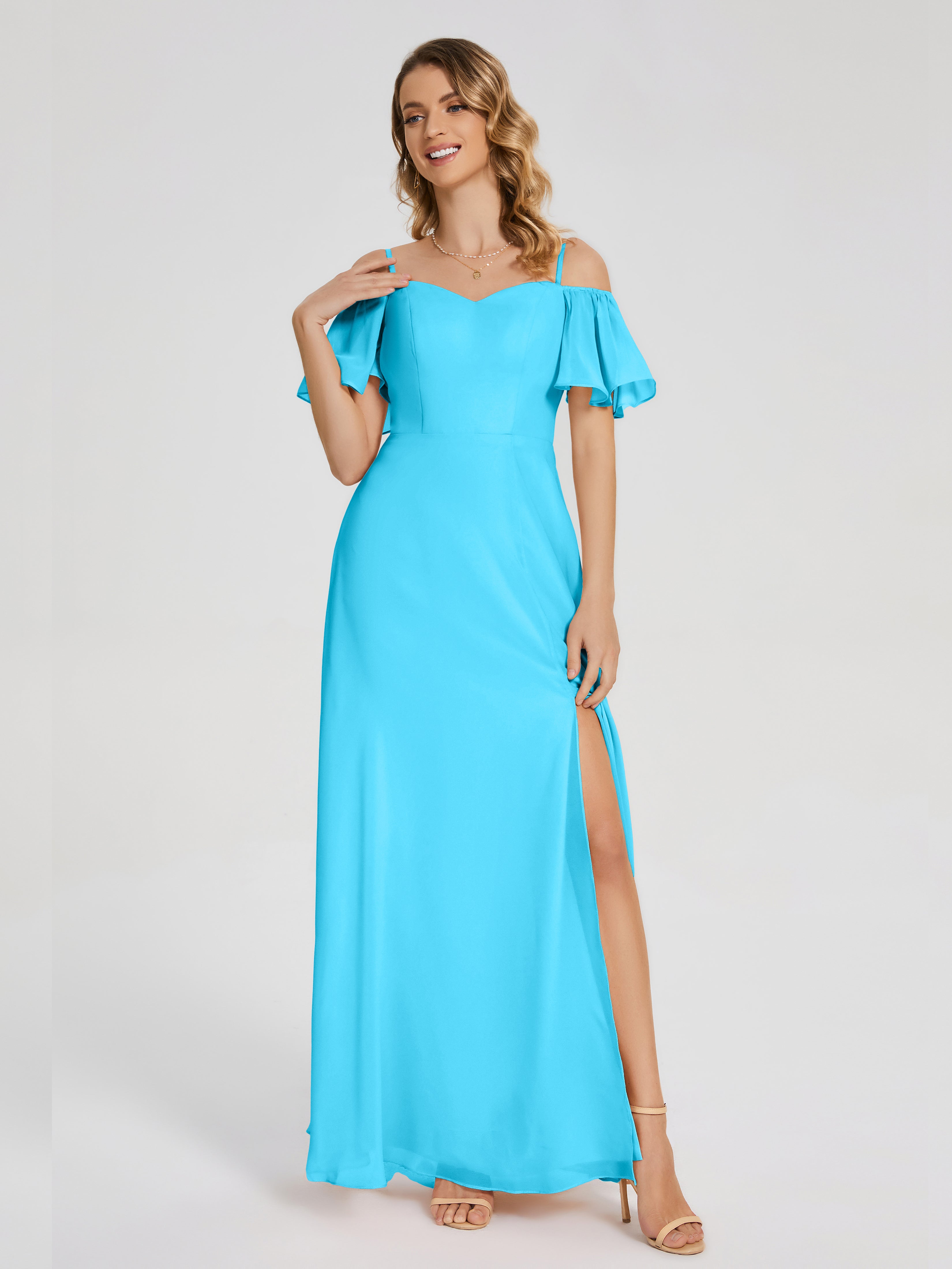 Adelaide A-line Off the Shoulder Chiffon Bridesmaid Dress with Silt