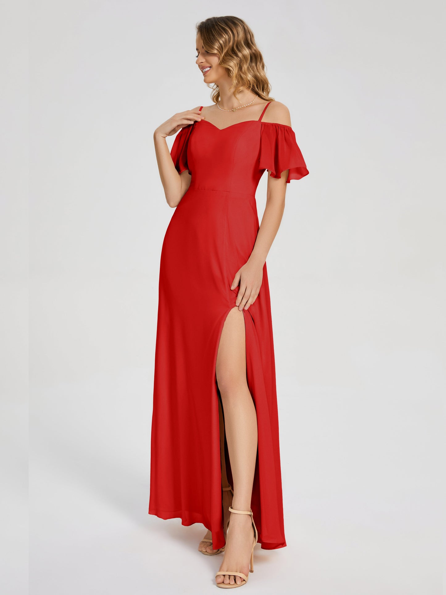 Adelaide A-line Off the Shoulder Chiffon Bridesmaid Dress with Silt