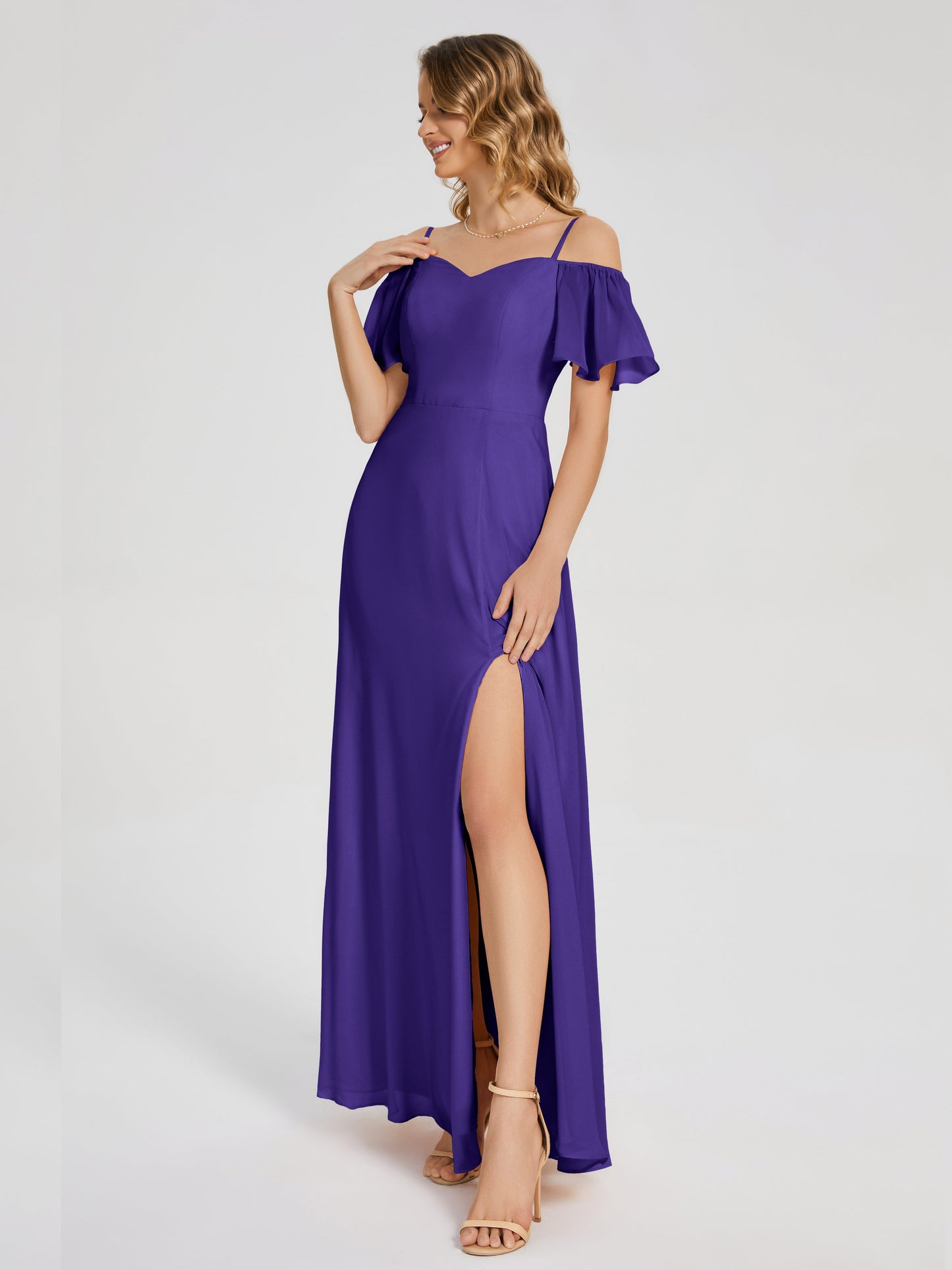 Adelaide A-line Off the Shoulder Chiffon Bridesmaid Dress with Silt