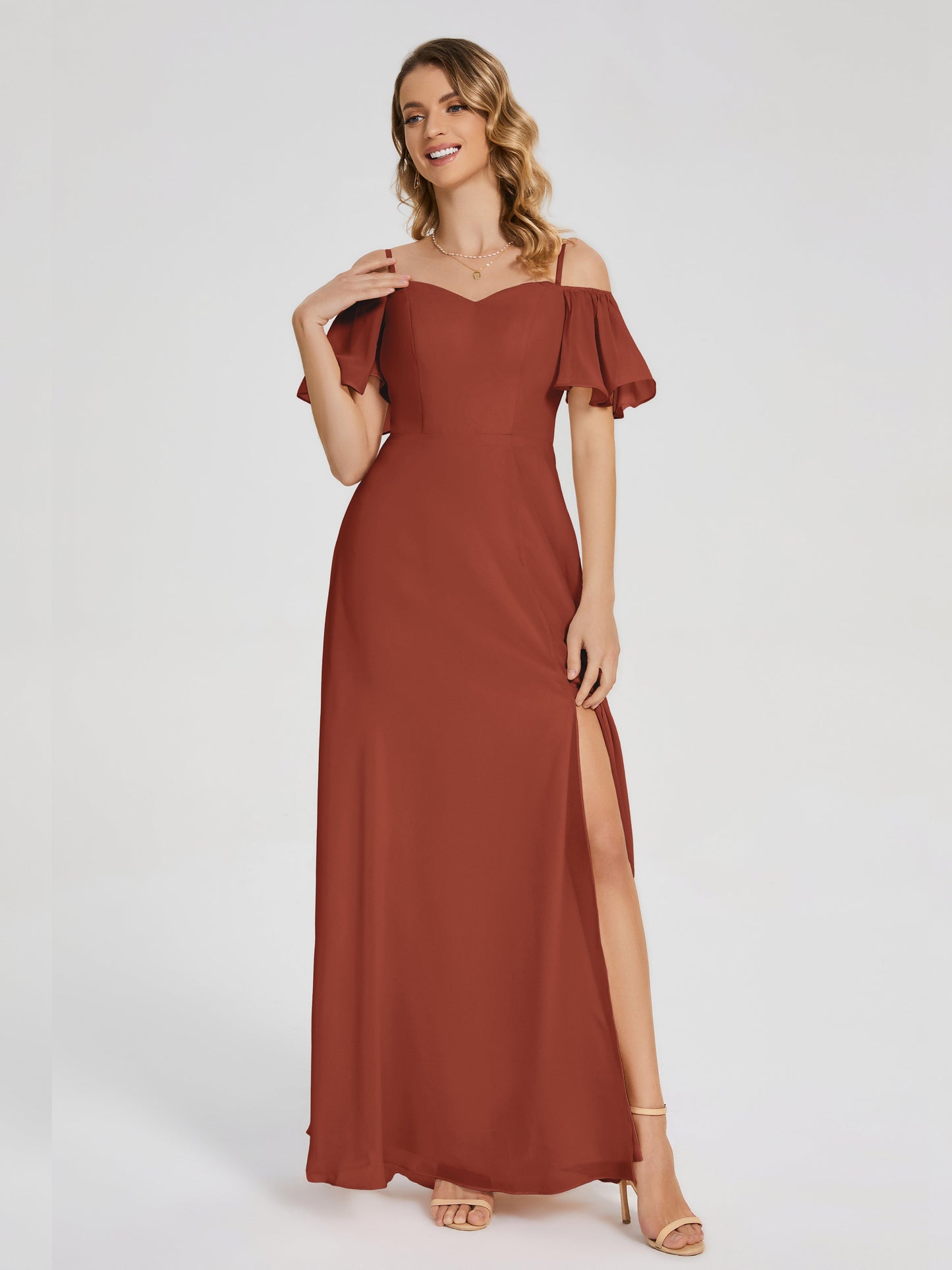 Adelaide A-line Off the Shoulder Chiffon Bridesmaid Dress with Silt