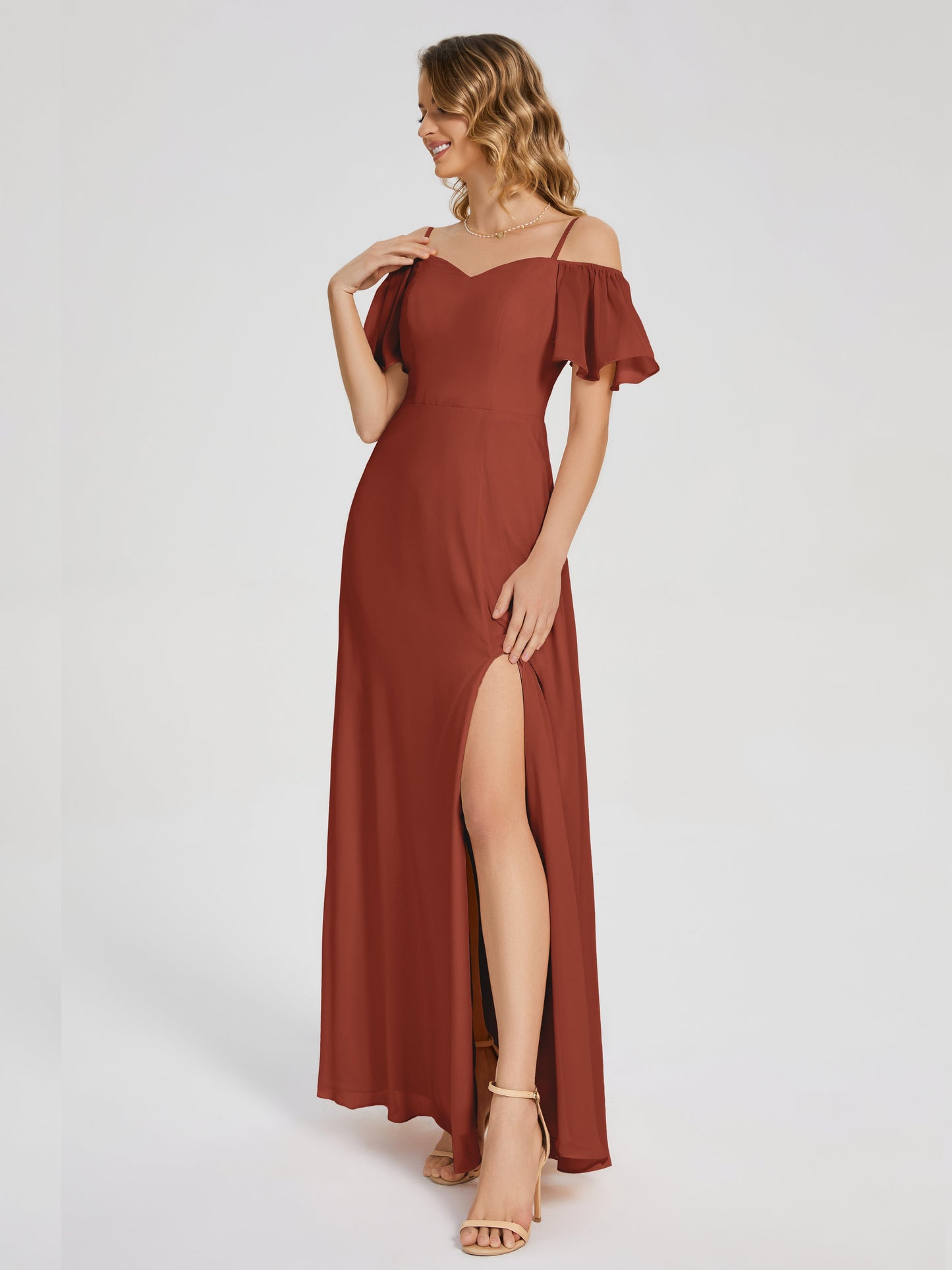 Adelaide A-line Off the Shoulder Chiffon Bridesmaid Dress with Silt