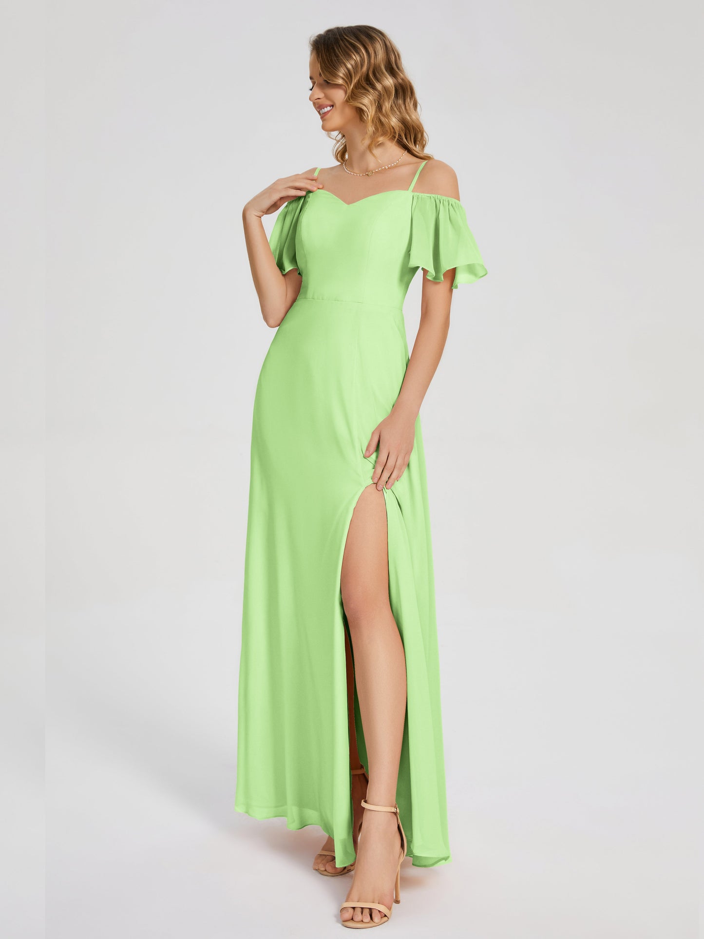 Adelaide A-line Off the Shoulder Chiffon Bridesmaid Dress with Silt